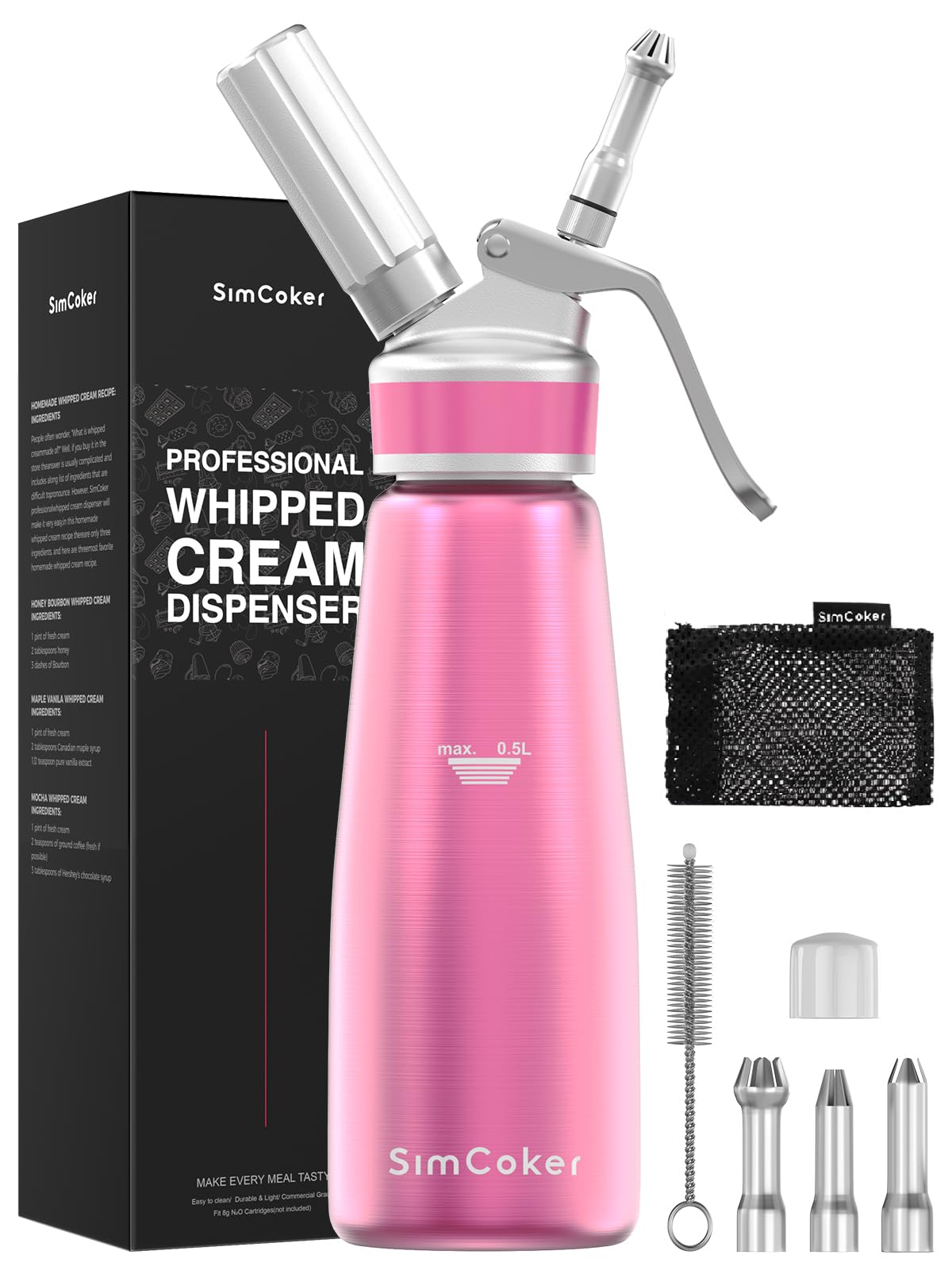 SimCoker Whipped Cream Dispenser,Aluminum Cream Whipper 500mL/1 Pint,3 Decorating Nozzles,1 Brush, 1 Storage Bag,Homemade Whippe