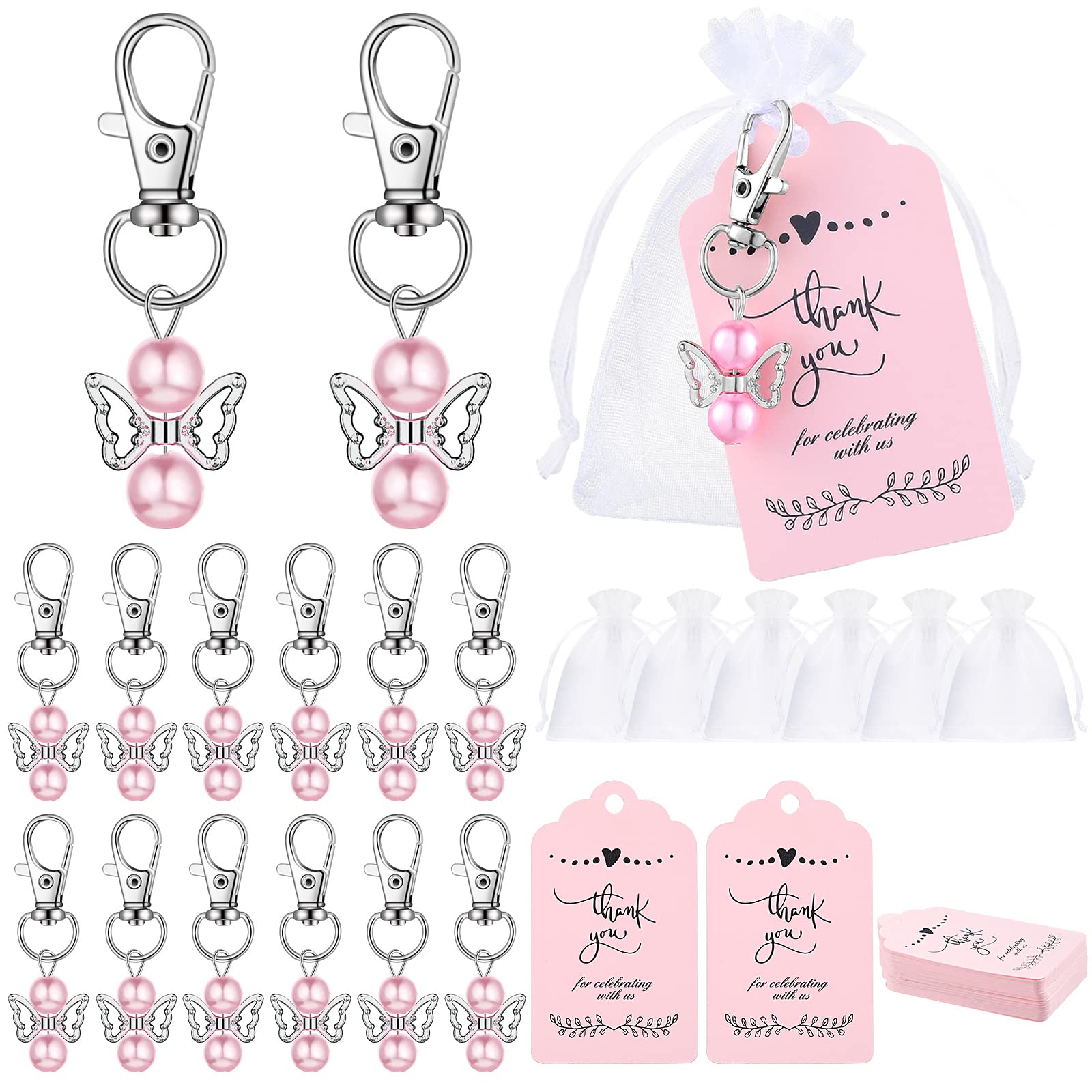 Hicarer 60 Sets Angel Keychains Baby Shower Favors 60 White Organza Gift Bags With Thank You Tags Angel Keychains For Guest (Pin