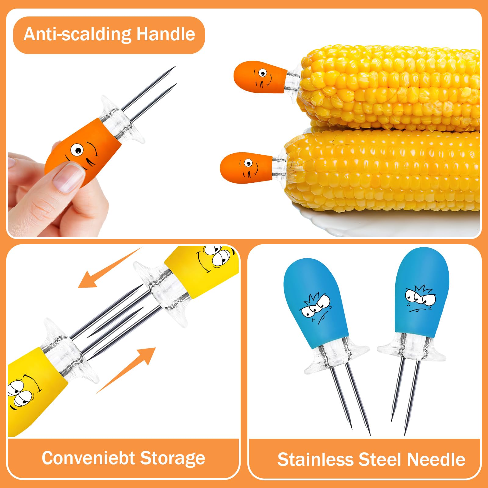 Augsun Corn On The Cob Holders Kit, Corn Dishes And Corn Holders Set, Includes 10 Fun Face Corn Holders 5 Corn Trays And Butter