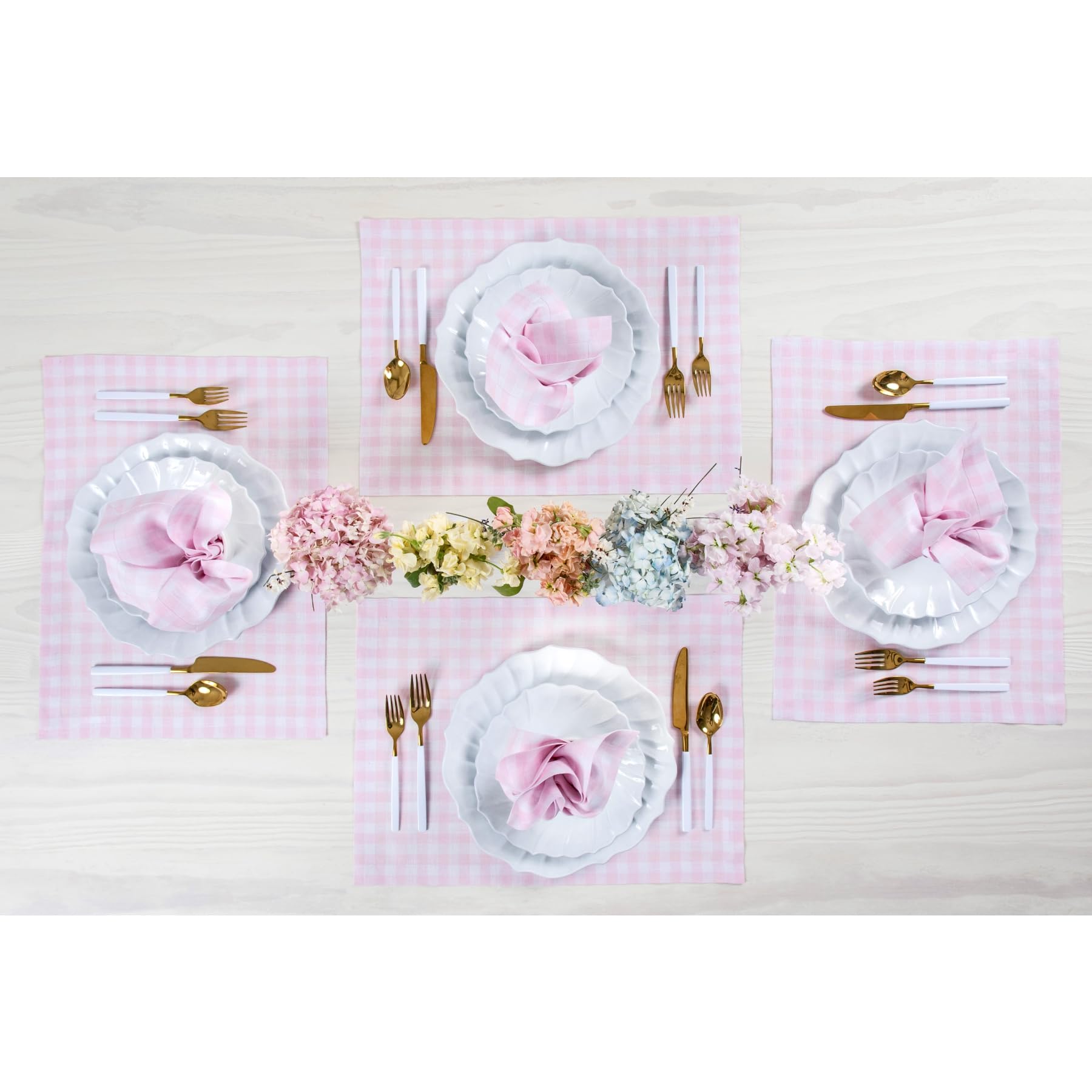 Solino Home Linen Placemats 14 X 19 Inch - 100% Pure Linen Marshmellow Pink Plaid Cloth Placemats Set Of 4 - Gingham Check, Wash