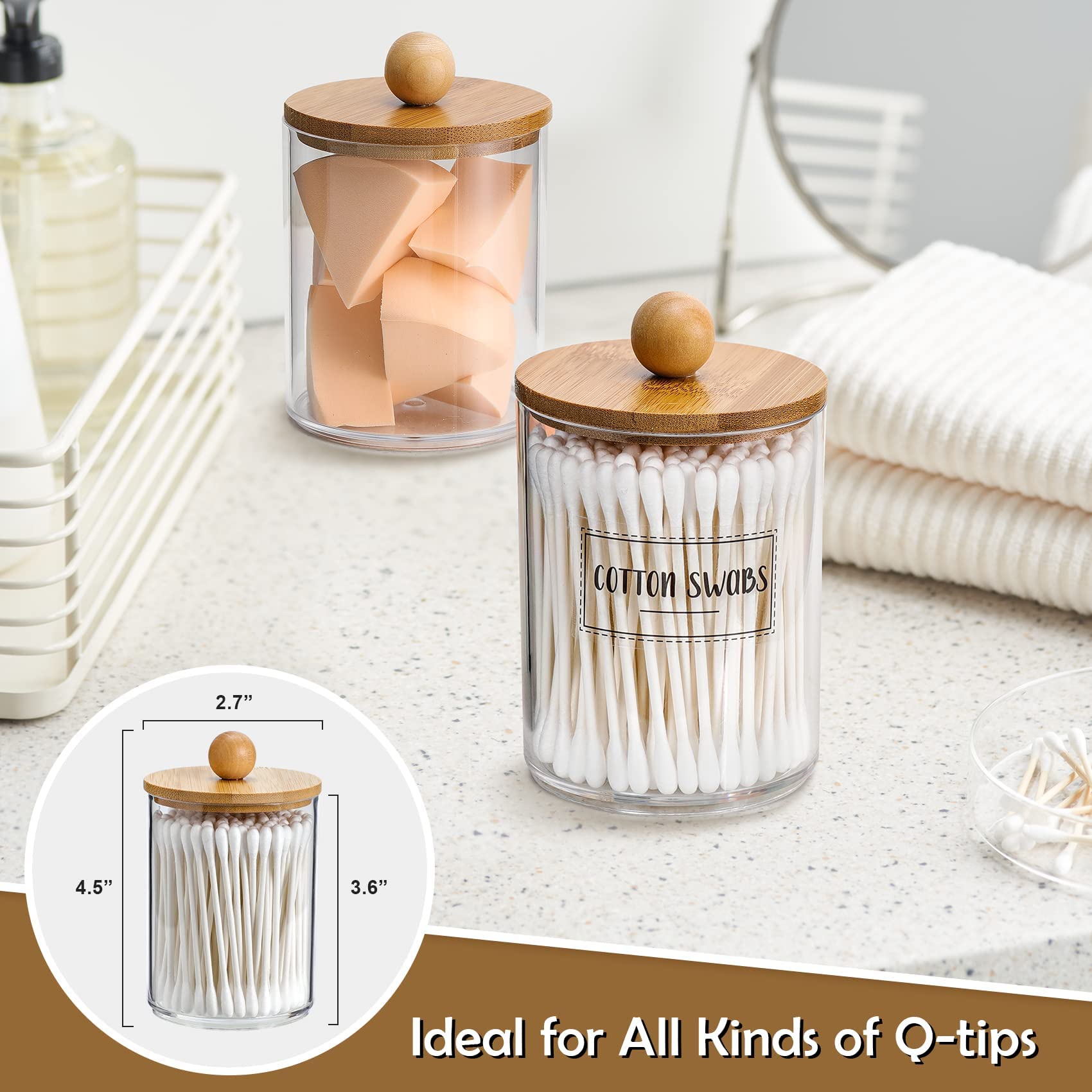 4 Pack Qtip Holder Dispenser with Bamboo Lids - 10 oz Clear Plastic Apothecary Jar Containers for Vanity Makeup Organizer Storage - Bathroom Accessories Set for Cotton Swab  Ball  Pads  Floss