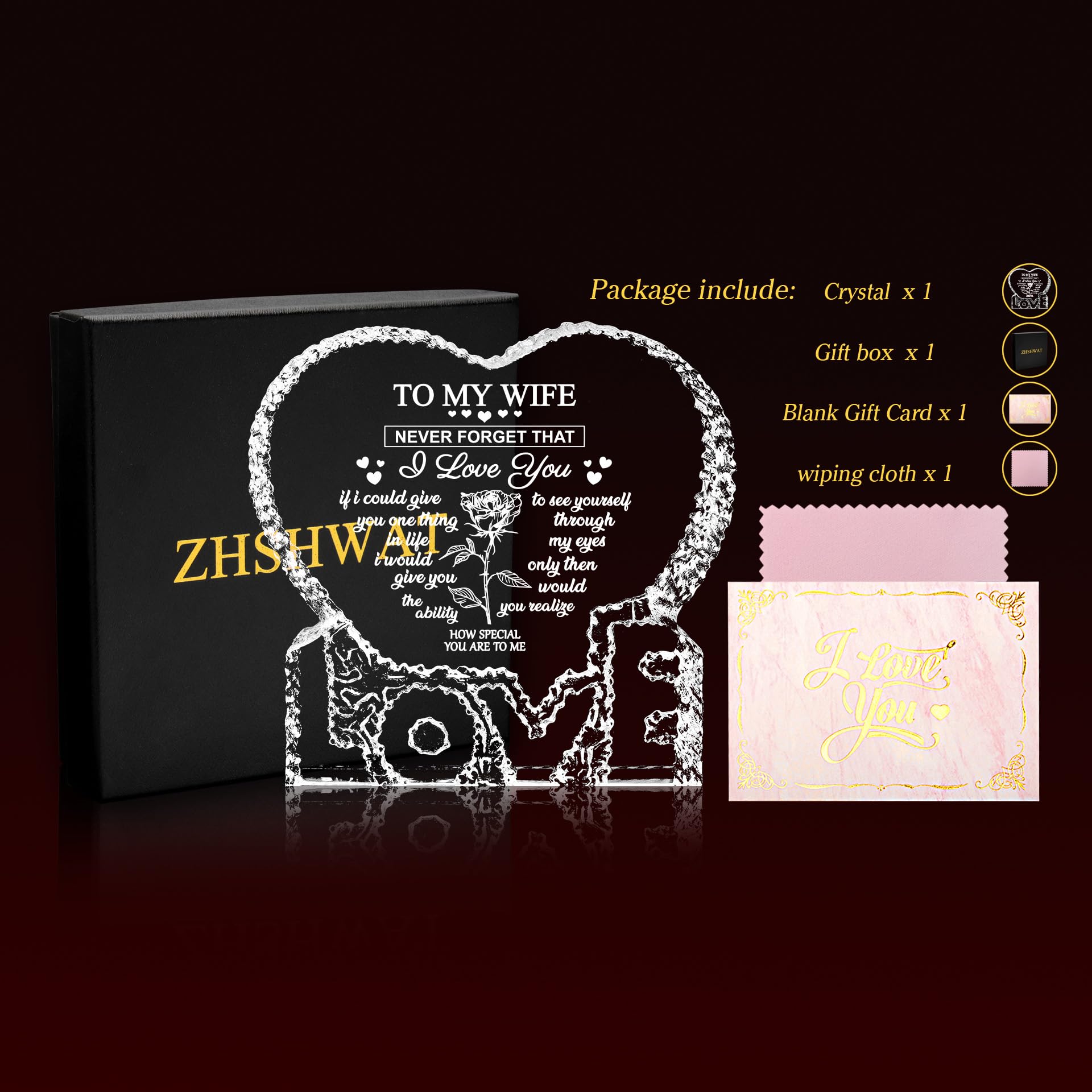 ZHSHWAT Mothers Day Birthday Gifts for Wife -Wife Birthday Gift Ideas,Husband to My Wife Heart-Shaped Crystal Keepsakes Christma