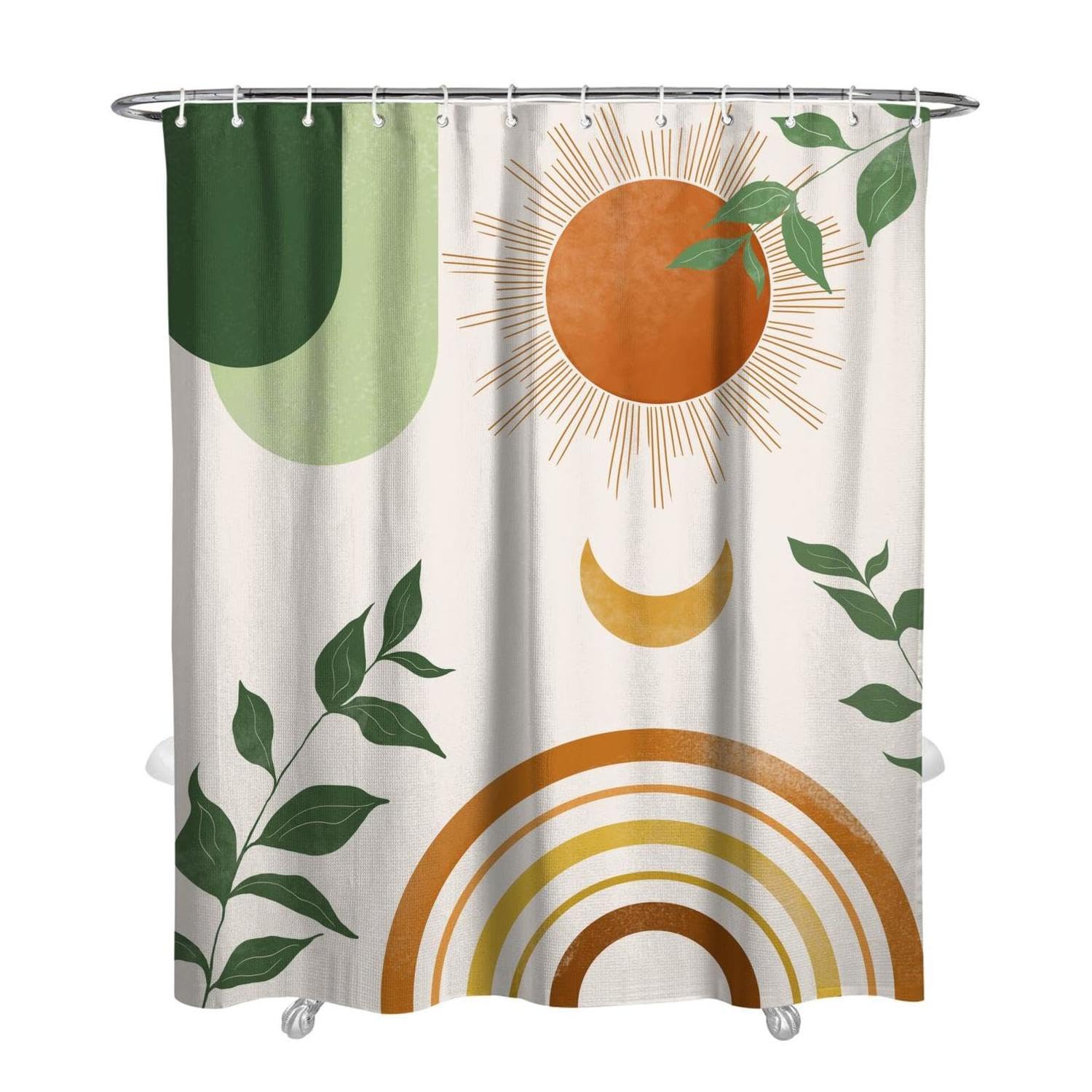 Ghroiep Mid Century Abstract Boho Aesthetic Shower Curtain Set, Spring Summer Green Nature Leaf Sun Modern Minimalist Home Bathr
