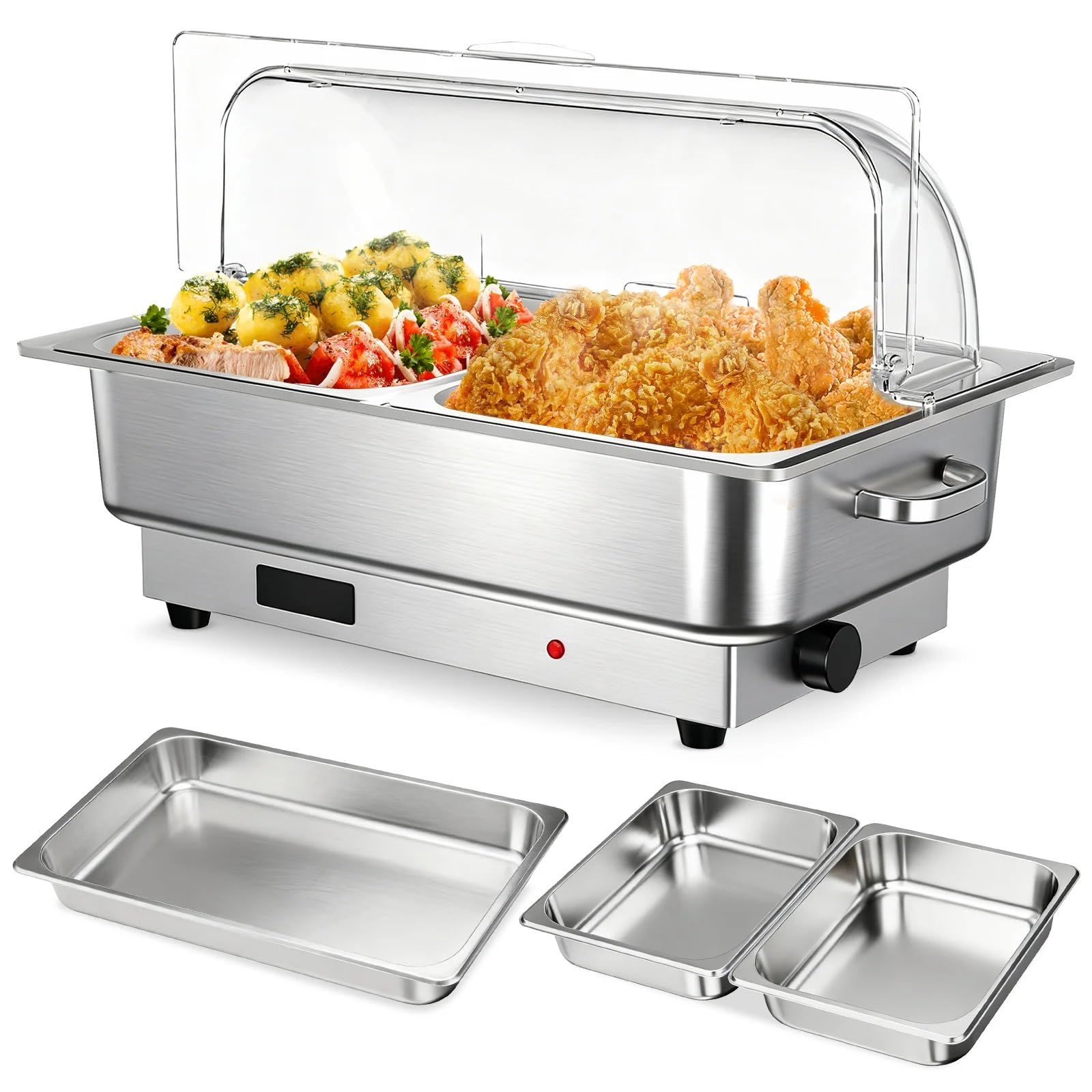 Garvee Electric Chafing Dish Buffet Set, 9 qt Roll Top Food Warmer With Transparent PC Lid, with 1 Full-Size Pan & 2 Half-Size S