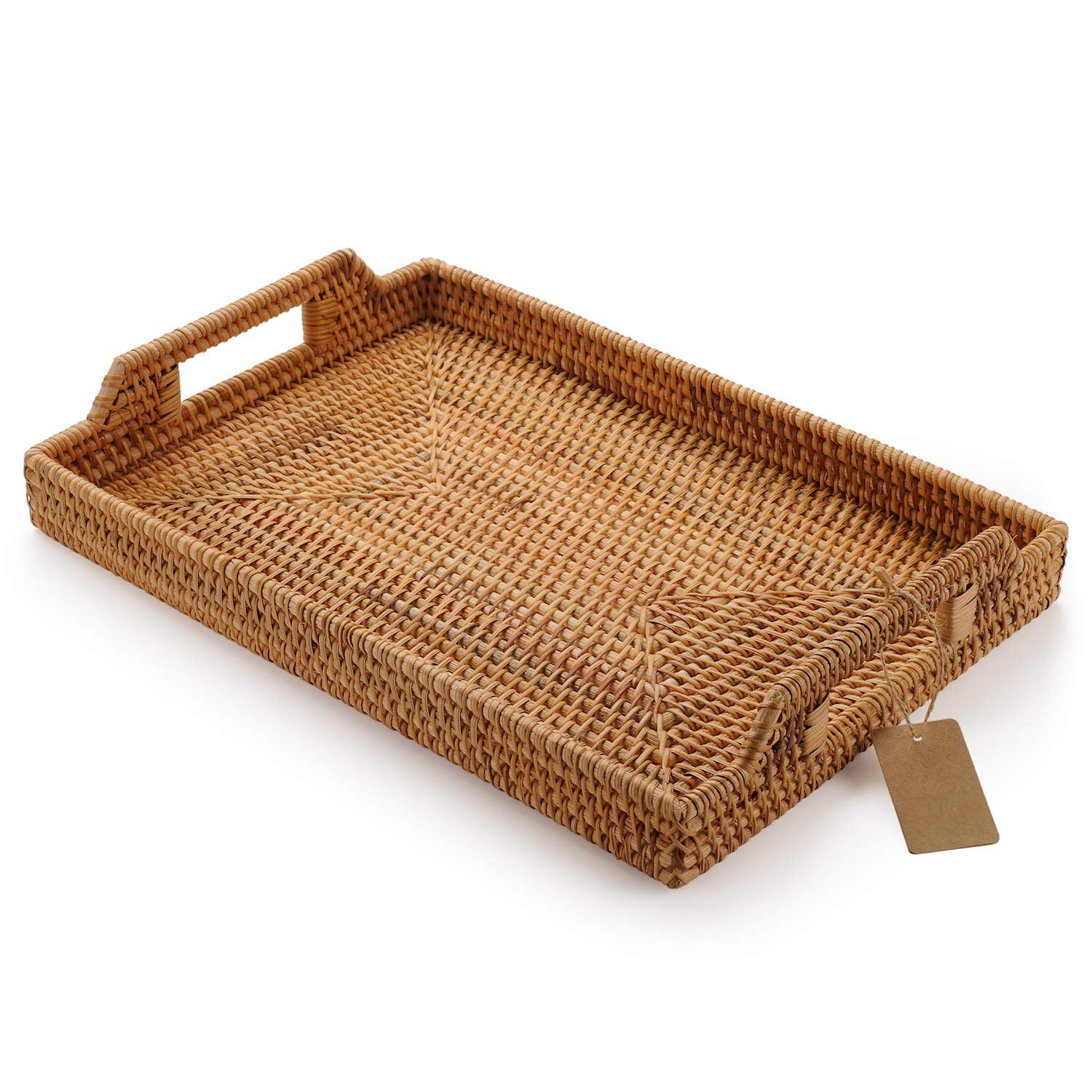 HandWoven Rattan Rectangular Serving Tray with Handles for Breakfast, Drinks, Snack for Coffee Table (14.5x10.2x1.4inches)