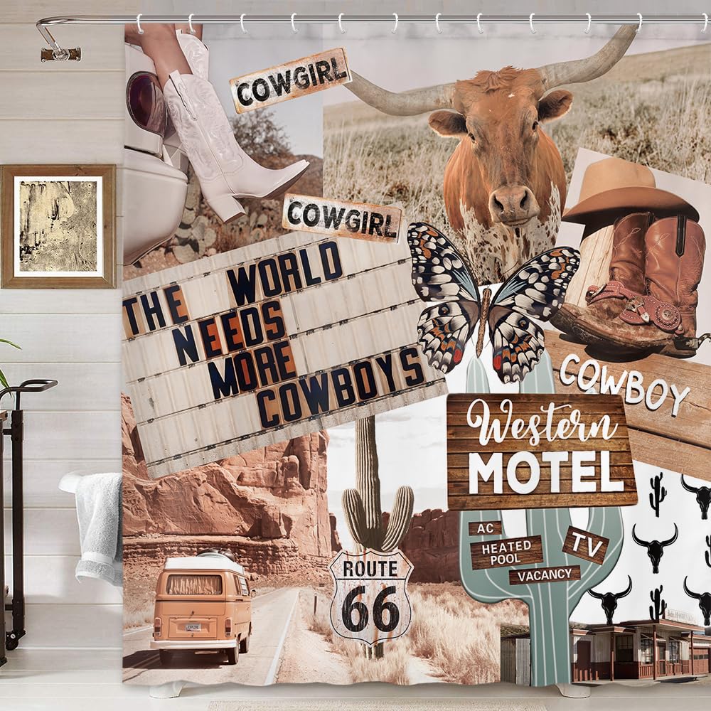 Western Boho Shower Curtain, Funny Rustic Farmhouse Cow Butterfly West Desert Cactus Cowboys Cowgirl Shower Curtain, Western Azt