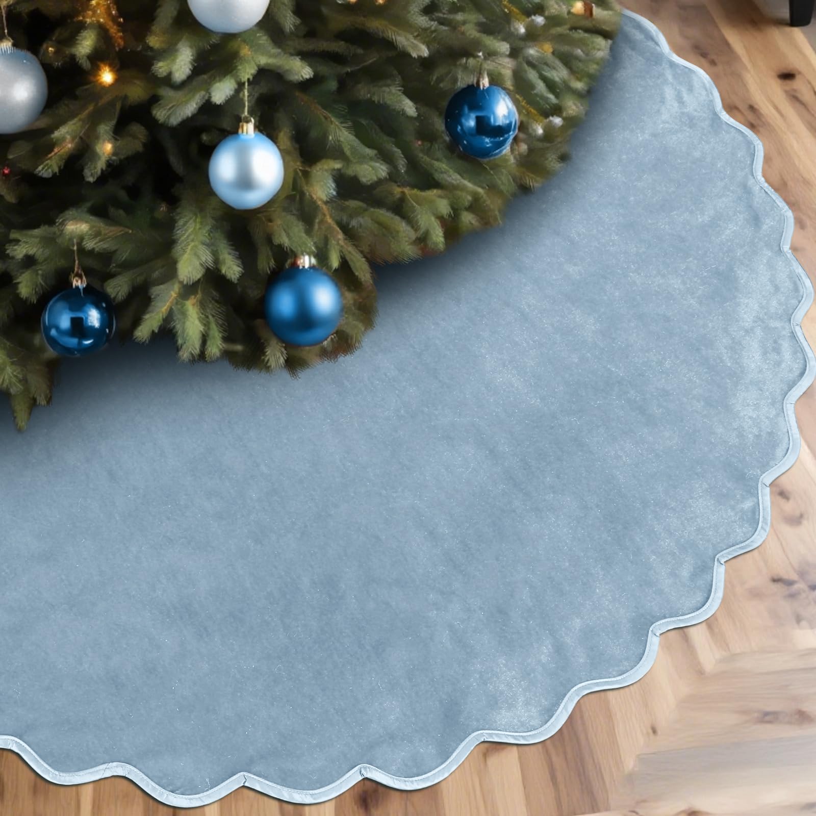 RoundFunny Gray Blue Christmas Tree Skirt 48 Inches Neutral Velvet Christmas Tree Skirts Modern Scalloped Edge Xmas Decorations 