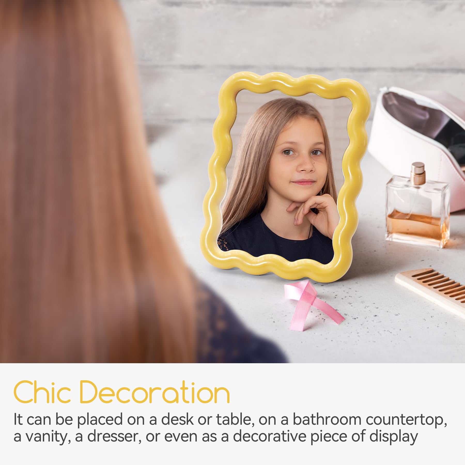 Philbinden Cute Wave-Shaped Desk Vanity Makeup Mirror, Portable Folding Travel Make Up Mirror for Standing/Hanging, Home Decorat