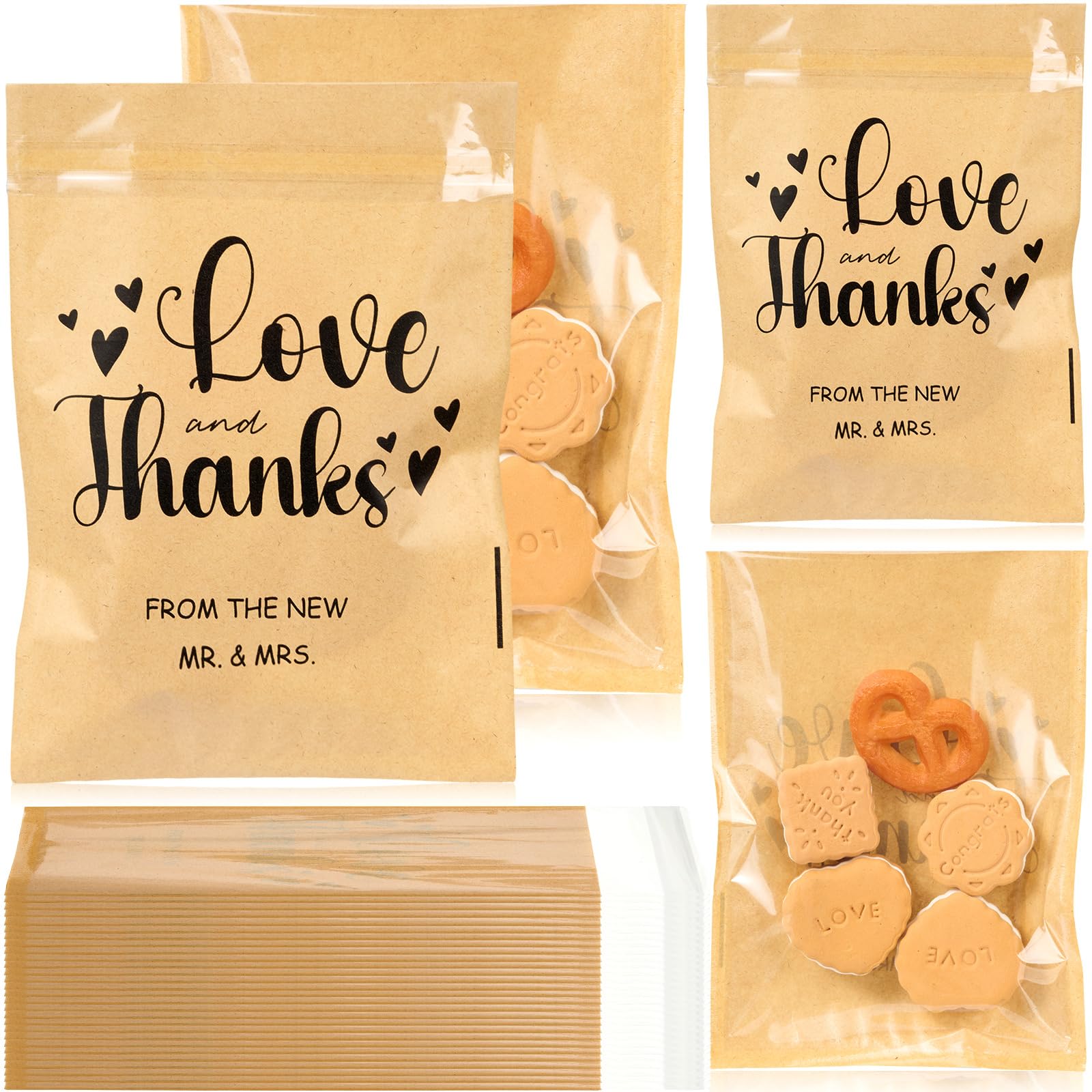 MotiMind 100 Pcs Clear Wedding Cookie Bags Front Paper Self-adhesive Gift Bags Thank You Kraft Paper Treat Candy Container for W