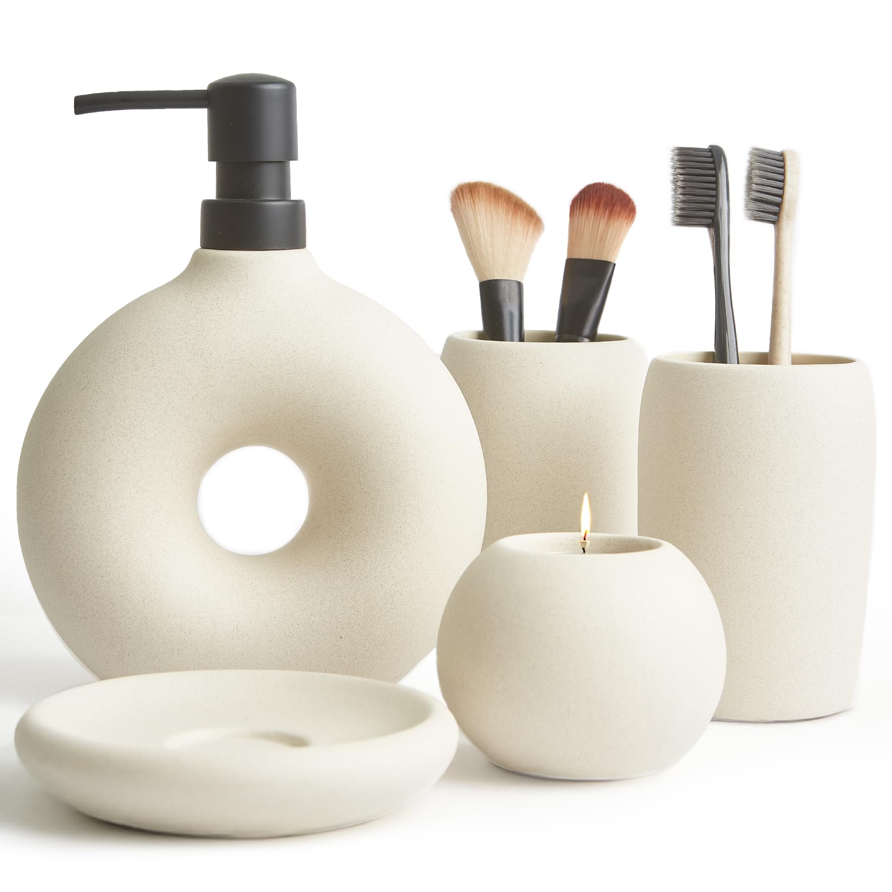 Terramoza Ceramic Bathroom Accessory Set, 5 Pcs - Includes Soap Dispenser, Toothbrush Cup, Toothbrush Holder, Soap Dish & Candle