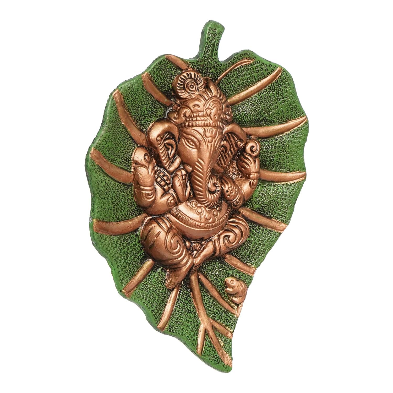 Crown Warriors Metal Golden Lord Ganesha On Green Leaf Wall Hanging Wallart Decorative Religious Showpiece For Home Wall Decor,