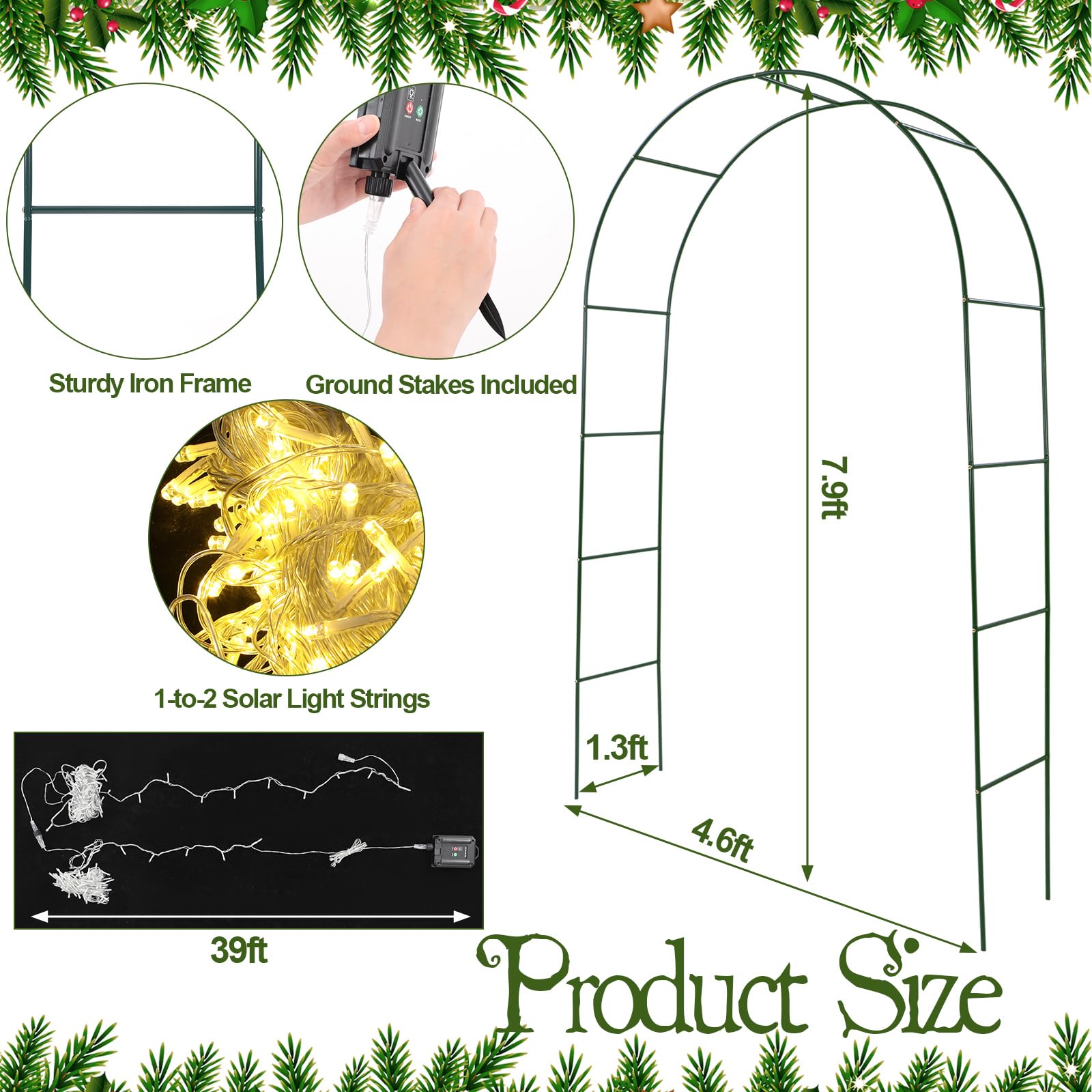 Seeloowy 3 Pack 8ft Solar Christmas Light Archway Outdoor with 8 Mode LED Light, Metal Arch Outdoor Decoration, Easy Assembly Re