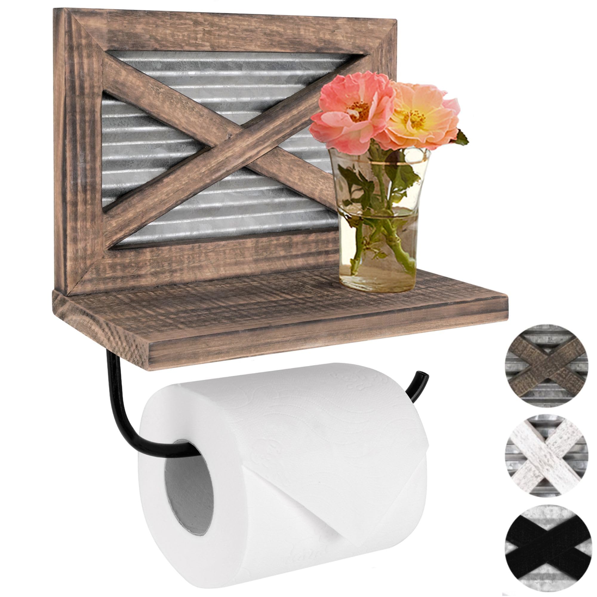Autumn Alley Farmhouse Toilet Paper Holder With Shelf - Rustic Unique Accessories And Western Bathroom Decor Wall Mounted, Brown