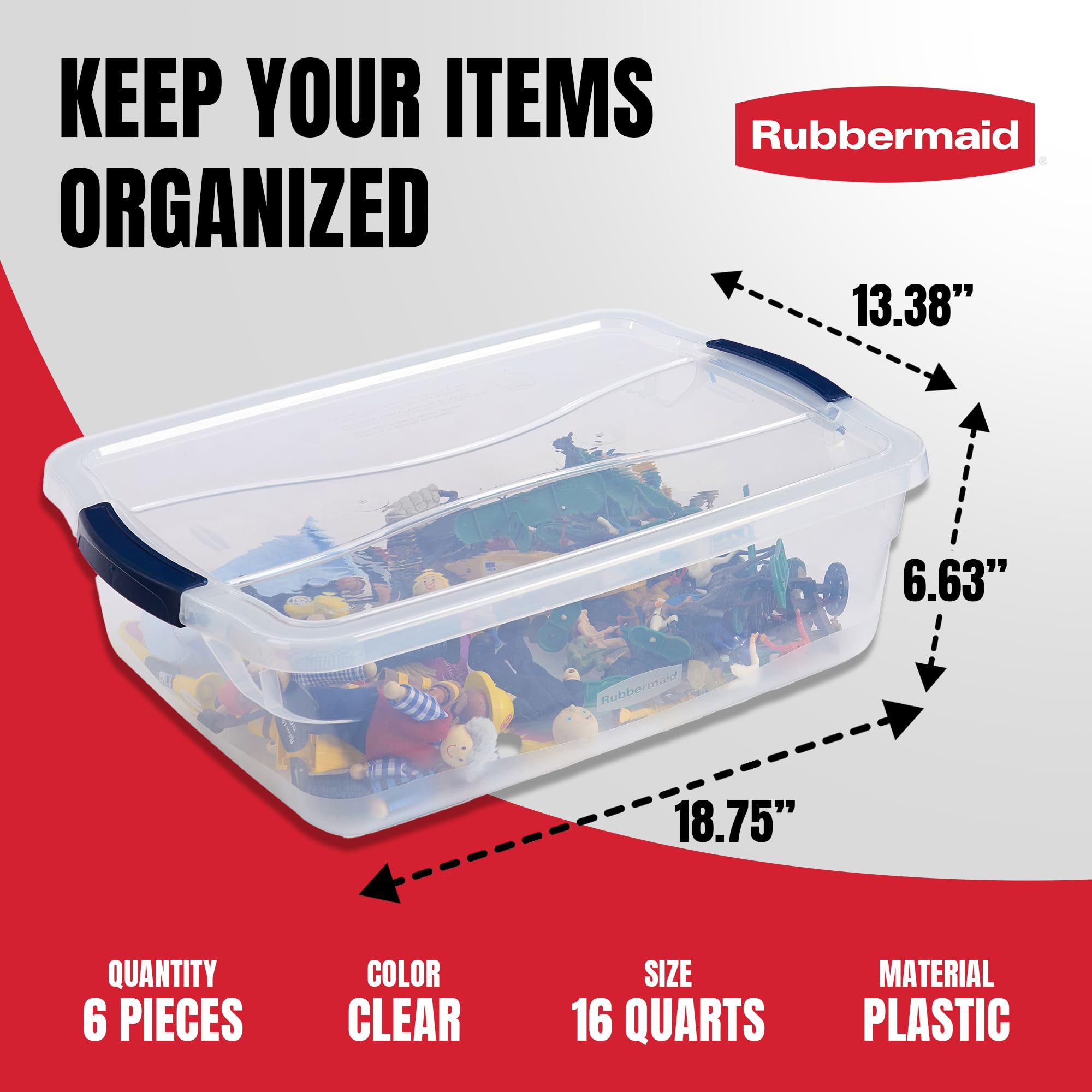 Rubbermaid Cleverstore Clear 16 Qt, 6-Pack, Made In Usa, Stackable Clear Storage Bins With Lids, See-Through Plastic Storage, Wi