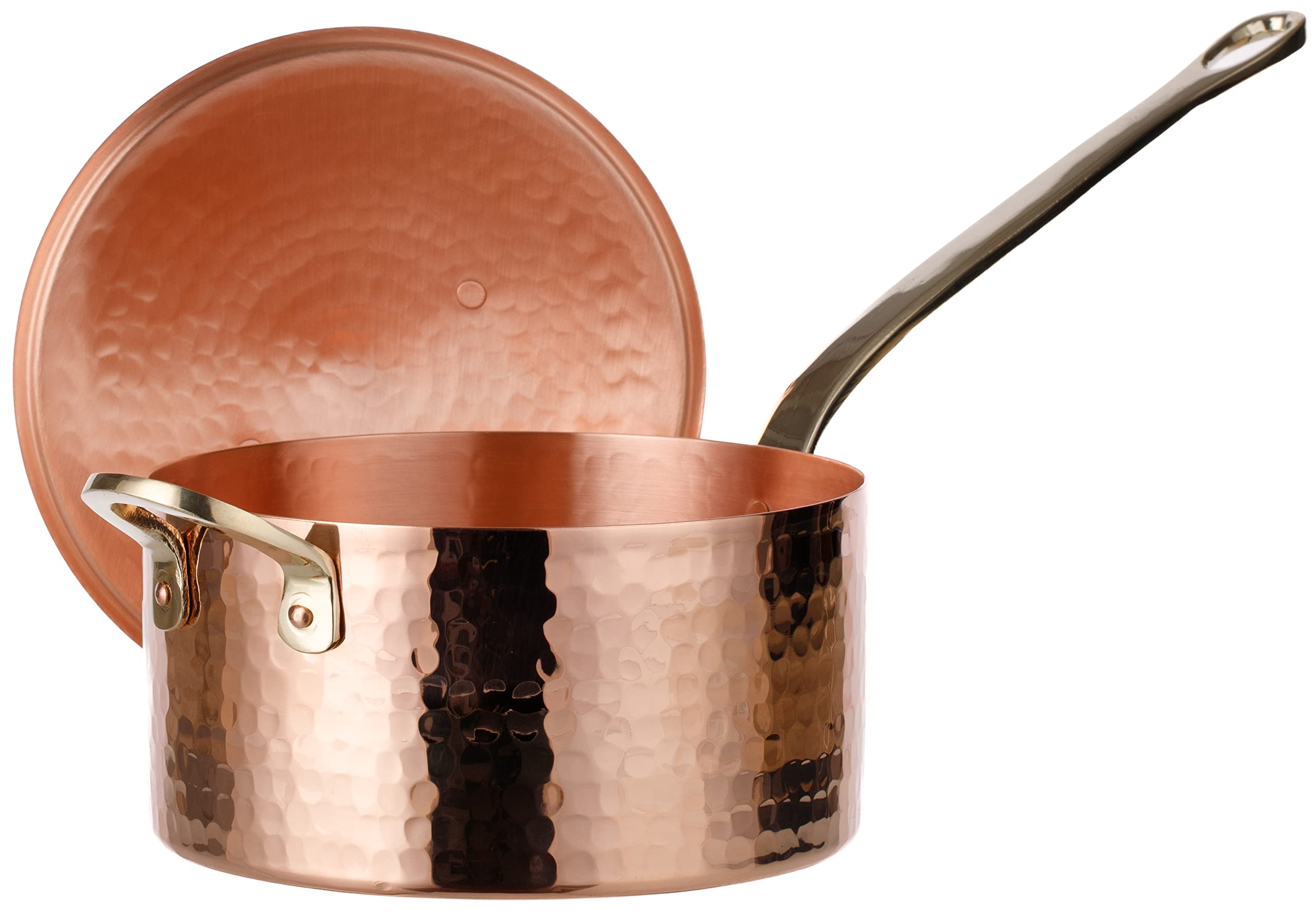 DEMMEX 1mm Thick Hammered Unlined Uncoated Solid Copper Sugar Sauce Zabaglione Pan Candy Jam Caramel Dessert Pot with Lid and He
