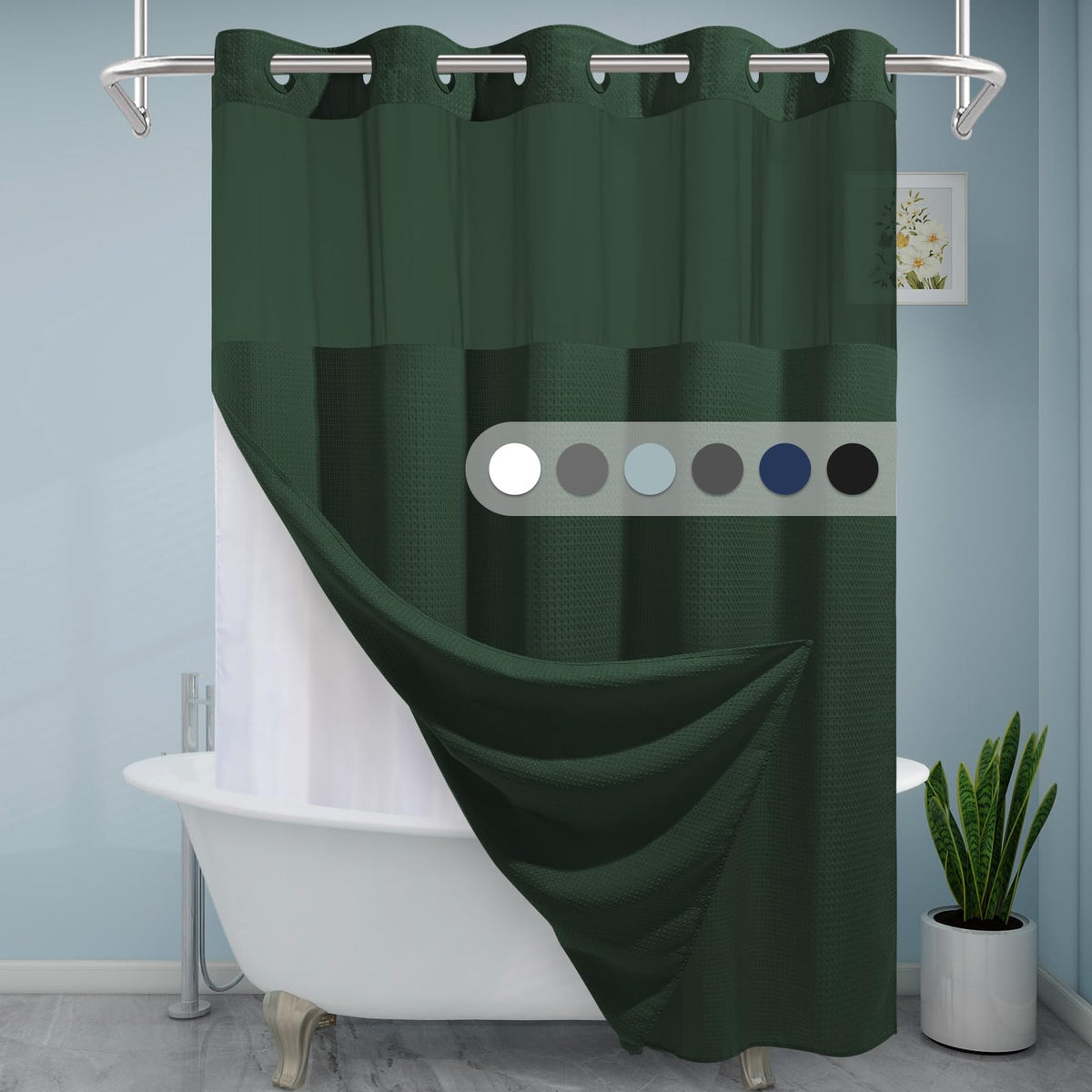 Eutxl Dark Green Shower Curtain And Liner Set - 230Gsm Waffle Weave Textured Heavy Duty,Hotel Luxury Weighted Bath Curtain,71W X