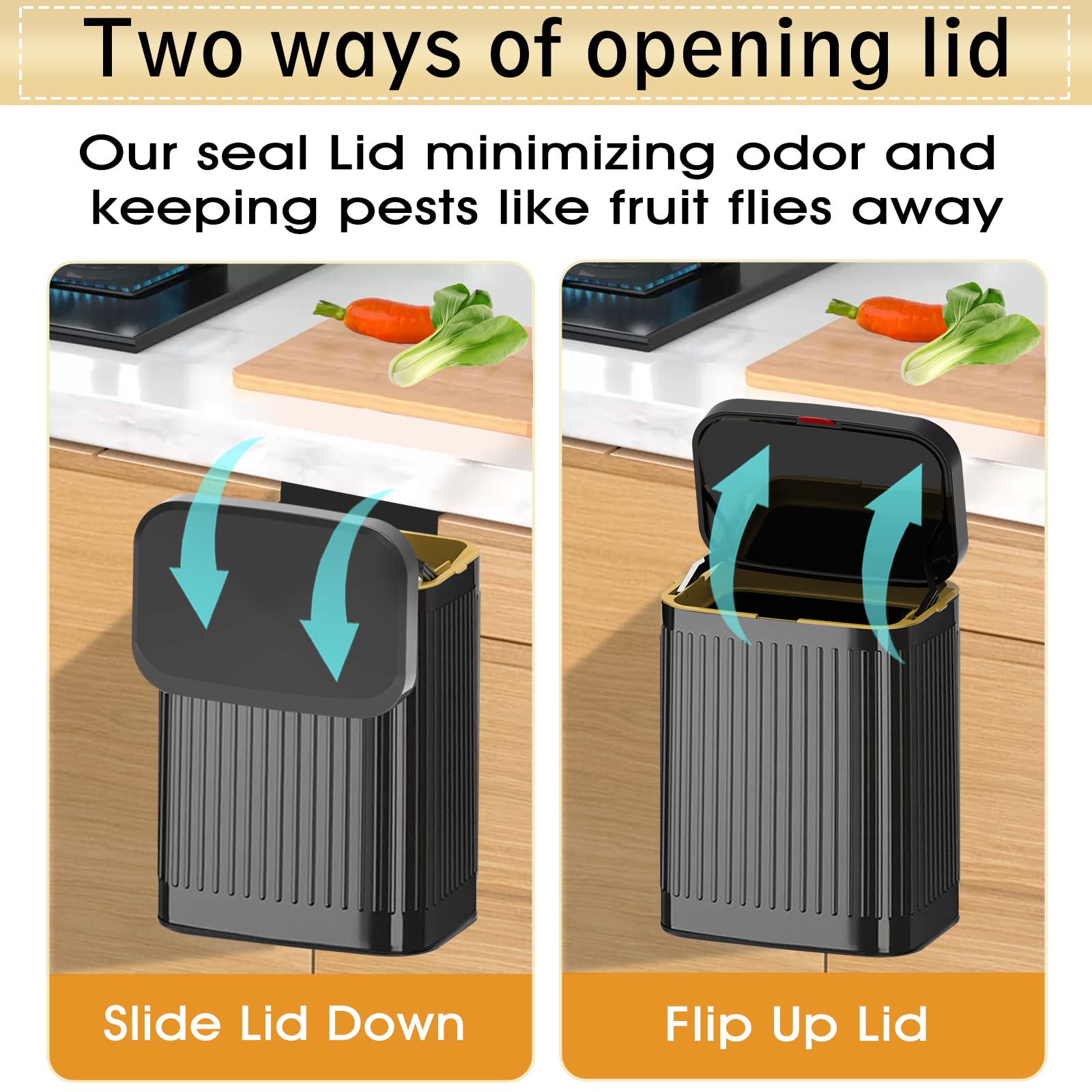 GloDeals Kitchen Hanging Trash Can with Lid  2.1Gal/ 8L Stainless Steel Trash Can Compost Bin Counter Top  Wall-Mount Indoor Kitchen Trash Bin for Cabinet  Under Sink  Bathroom (Black)