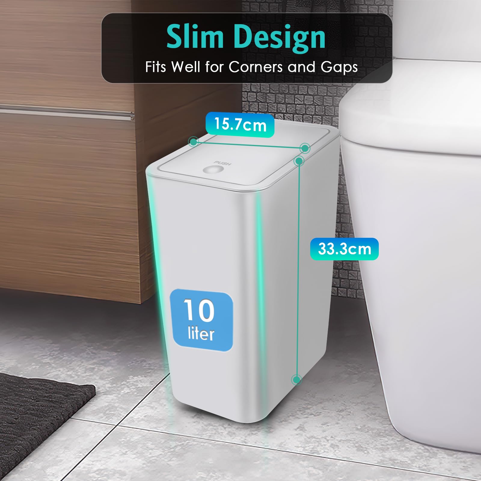 Kssvzz 3 Pack Small Bathroom Trash Can With Lid - 10L/2.6 Gallon Slim Garbage Bin, Pop-Up Lid Trashcan, Plastic Wastebasket For
