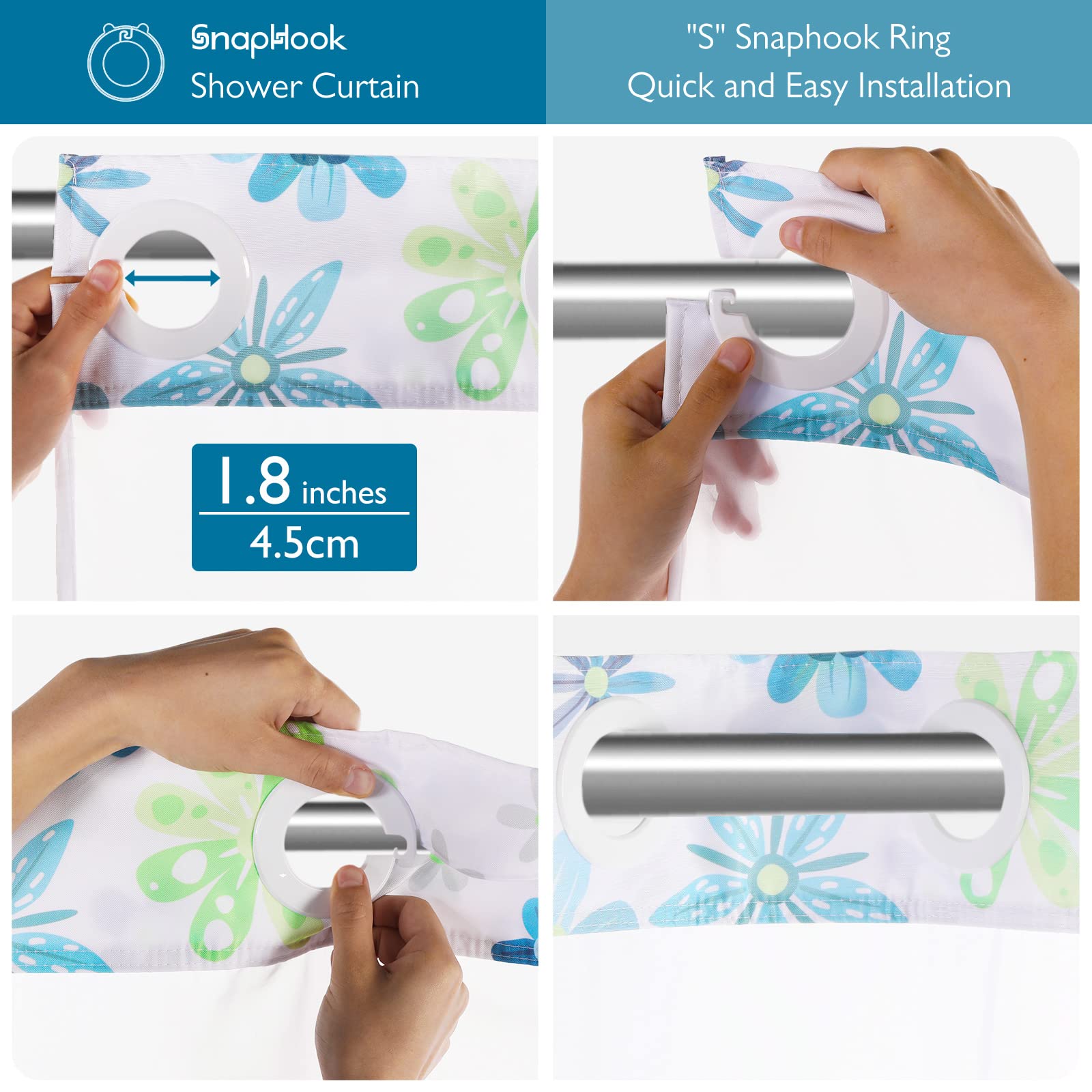 Lagute Snaphook Hook Free Fabric Floral Shower Curtain For Modern Bathroom With Snap-In Liner & See Through Top Window, Machine