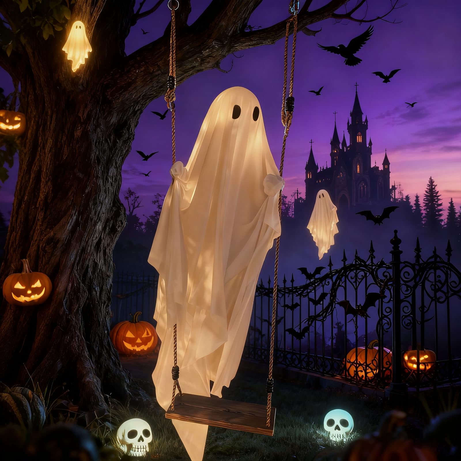 Halloween Decorations Outdoor - 5 Ft Large Hanging Swing Ghost Halloween Decor with String Lights - 3D Lighted Bat Spooky Cute G