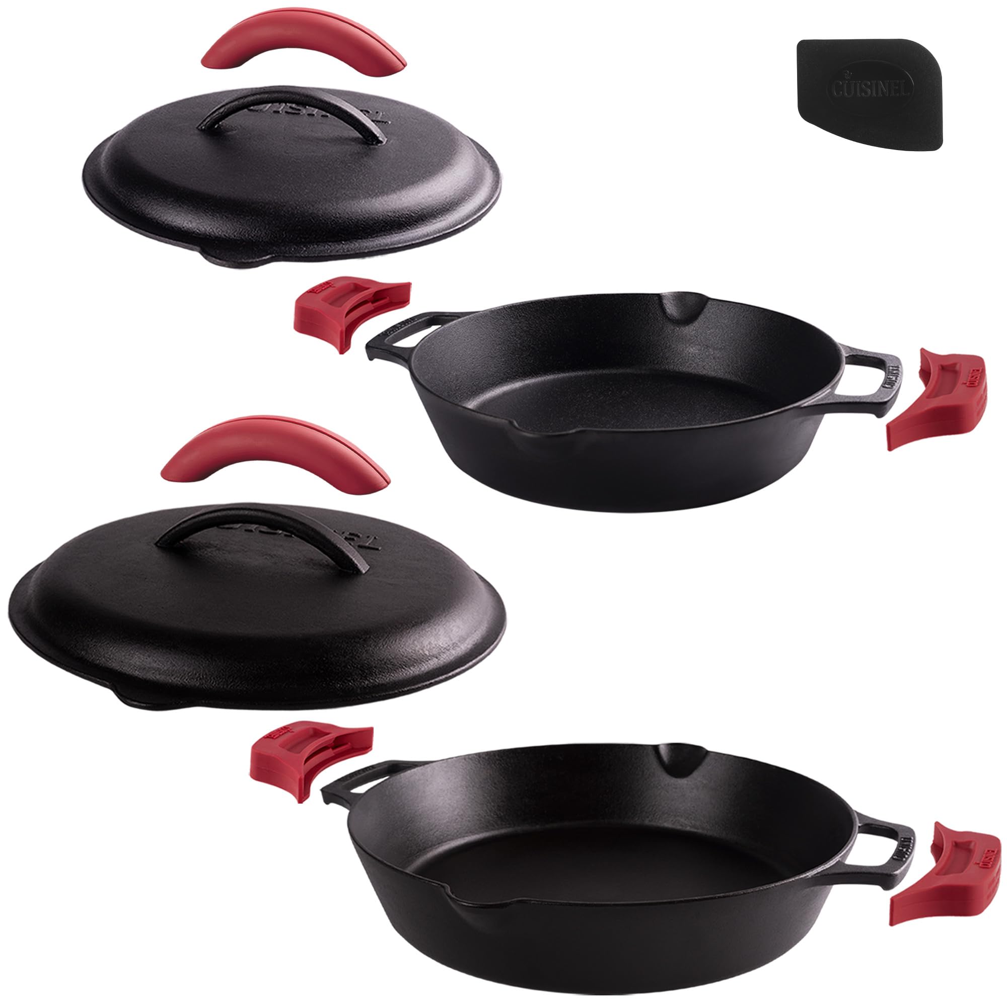 Cuisinel Cast Iron Skillet + Cast Iron Lid Set - 10+12-Inch Dual Handle Frying Pans + Pan Scraper + Silicone Handle Covers - Pre