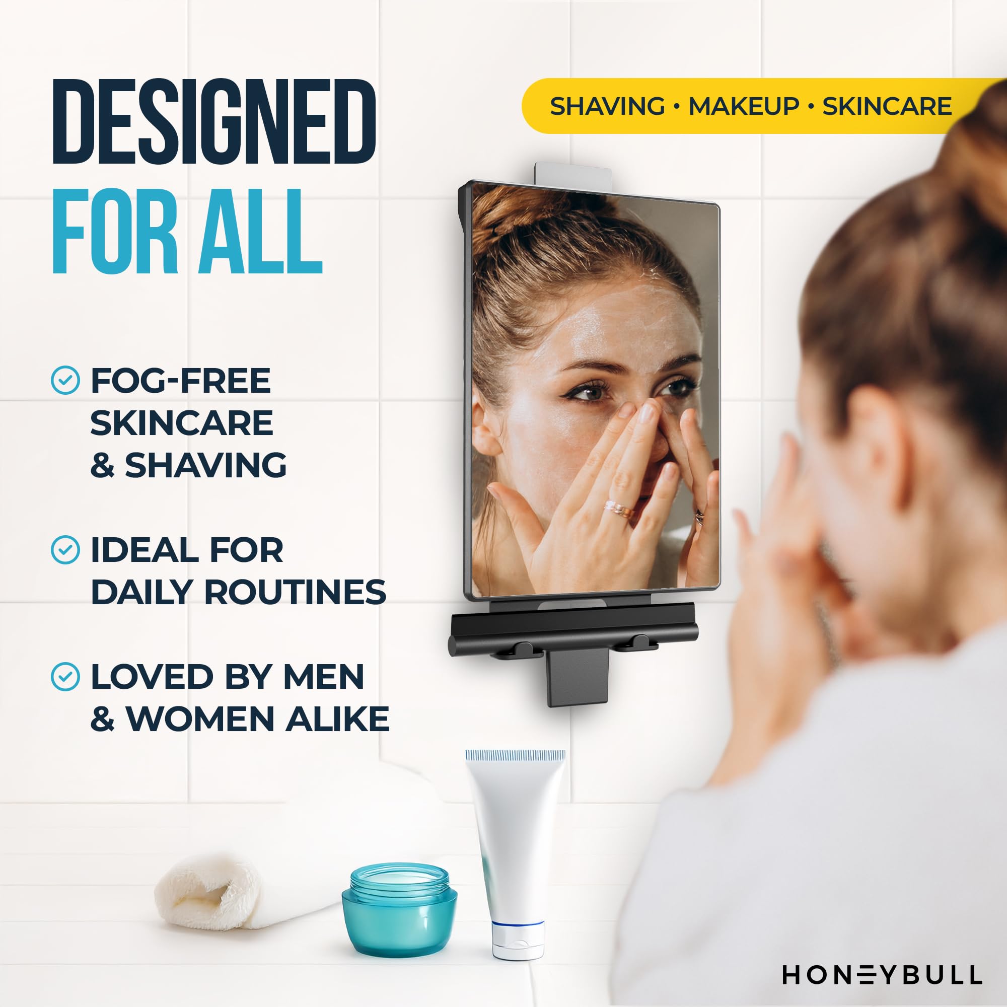 HONEYBULL Fogless Shower Mirror for Shaving - Anti Fog Mirror for Shower with Water Tank, Adhesive Hook Mount, Bonus Razor Holde