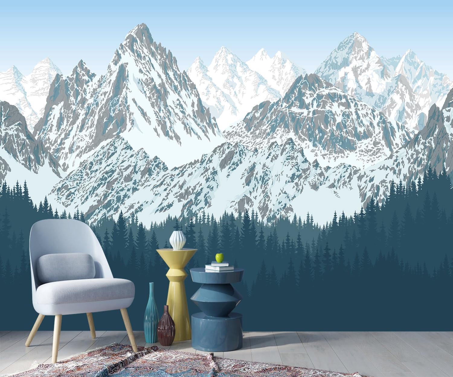 Yqwdmx -Forest Snow Mountain Peaks Blue Sky Wallpaper Bedroom Living Room Xt09 M 140'' X 91''