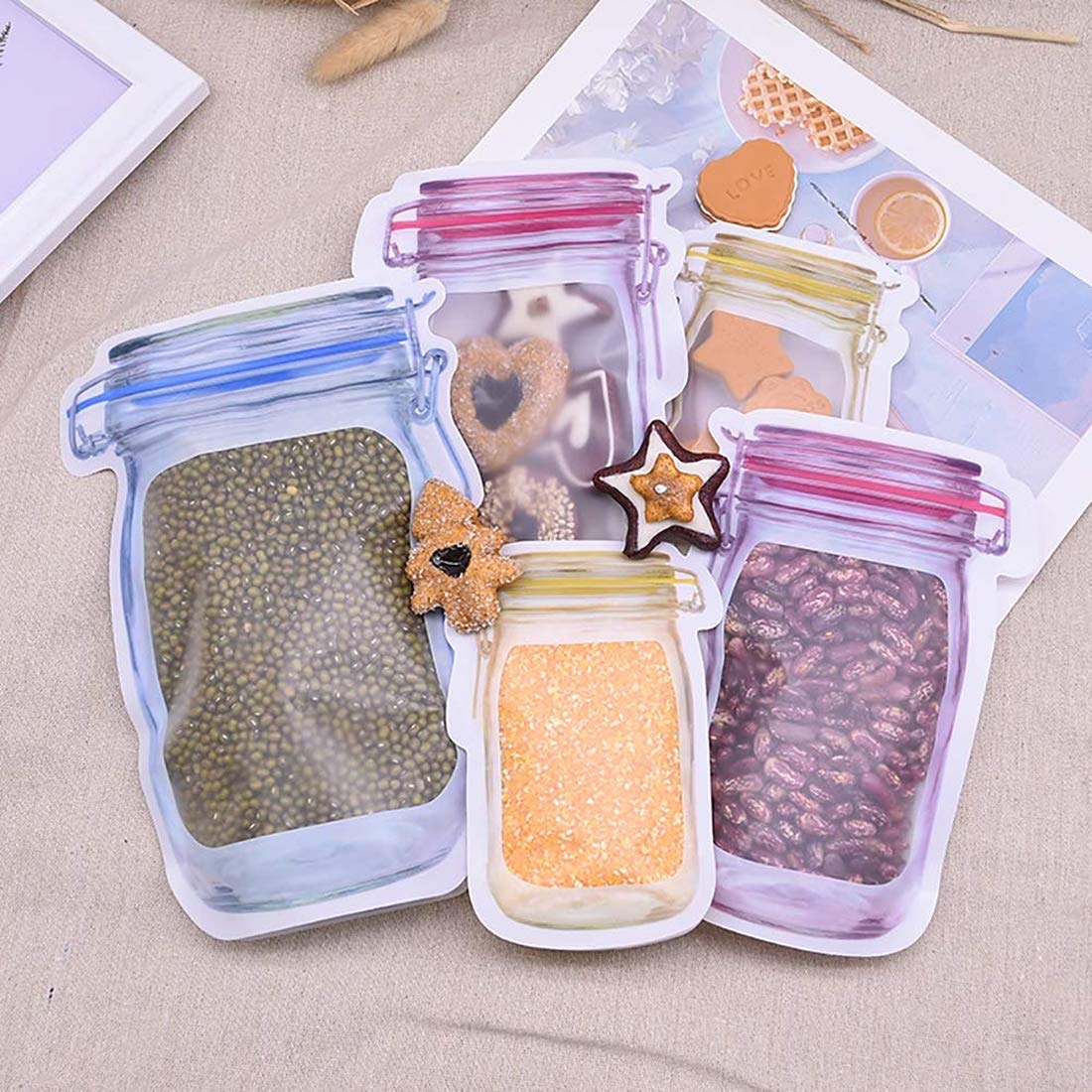 10Pcs Mason Jar Pattern Food Storage Bag Reusable Portable Stand Up Smell Proof Ziplock Bags Snack Saver Container Retail Packag