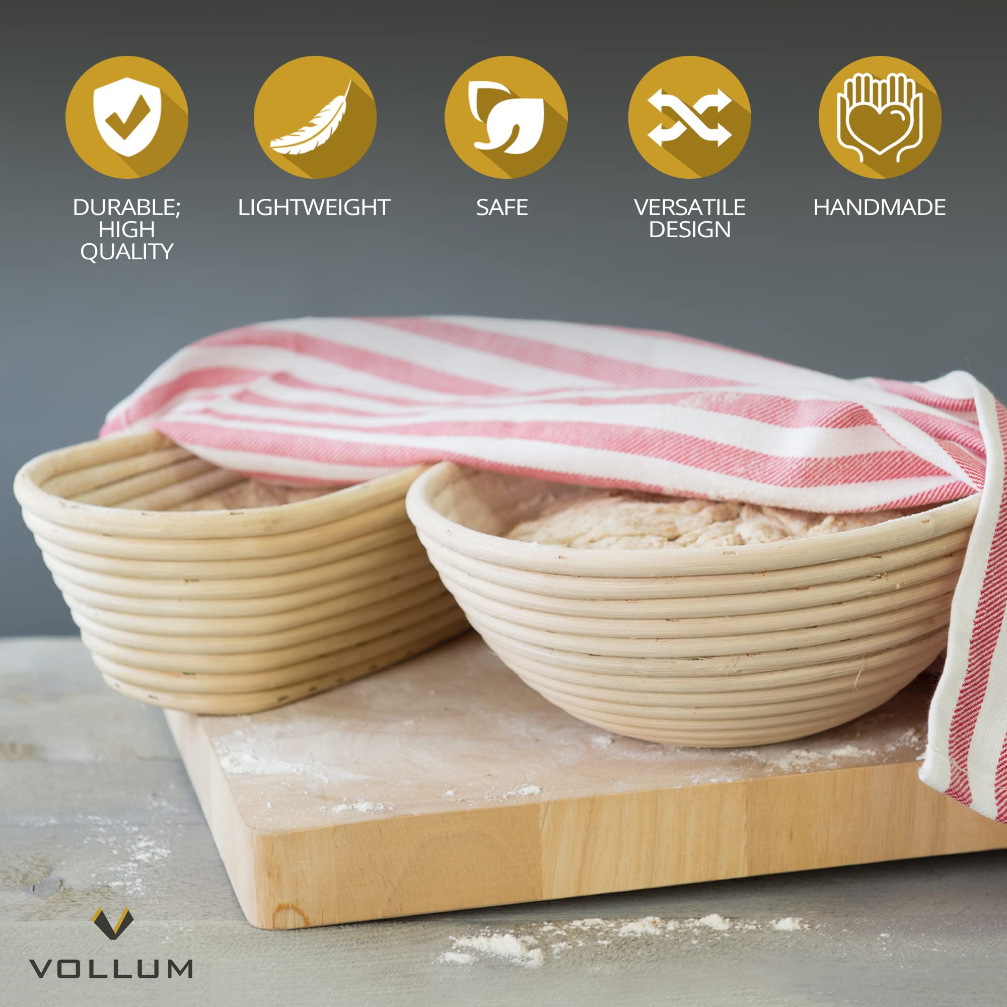 Vollum Bread Proofing Basket Banneton Baking Supplies For Beginners & Professional Bakers, Handwoven Rattan Cane Bread Maker Wit