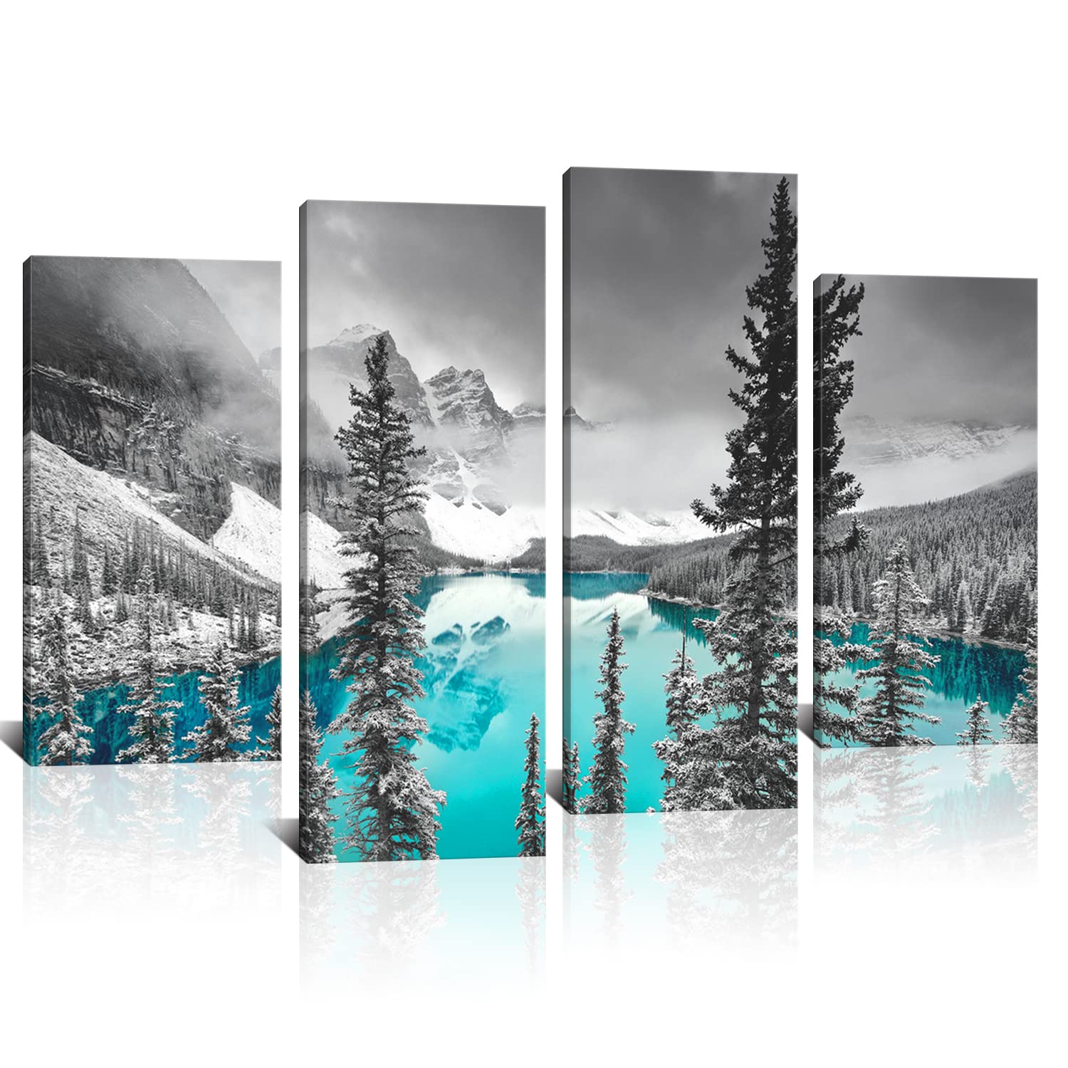 Derkymo 4 Pieces Teal Blue Moraine Lake Wall Art Black And White Canada Rocky Mountain Picture Landscape Print On Canvas Giclee
