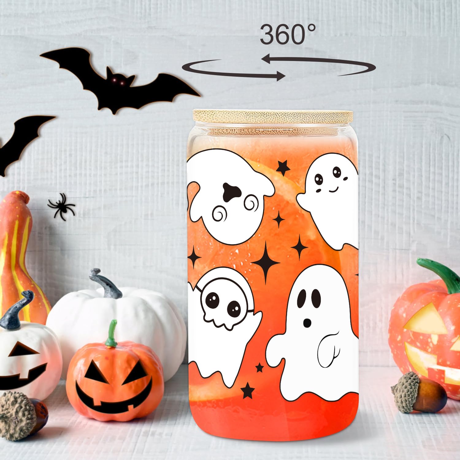 UAREHIBY Halloween Ghost Glass Cup, Cute Boo Basket Stuffers, Spooky Cups for Iced Coffee, 18oz Tumbler Glass Cups with Lids and