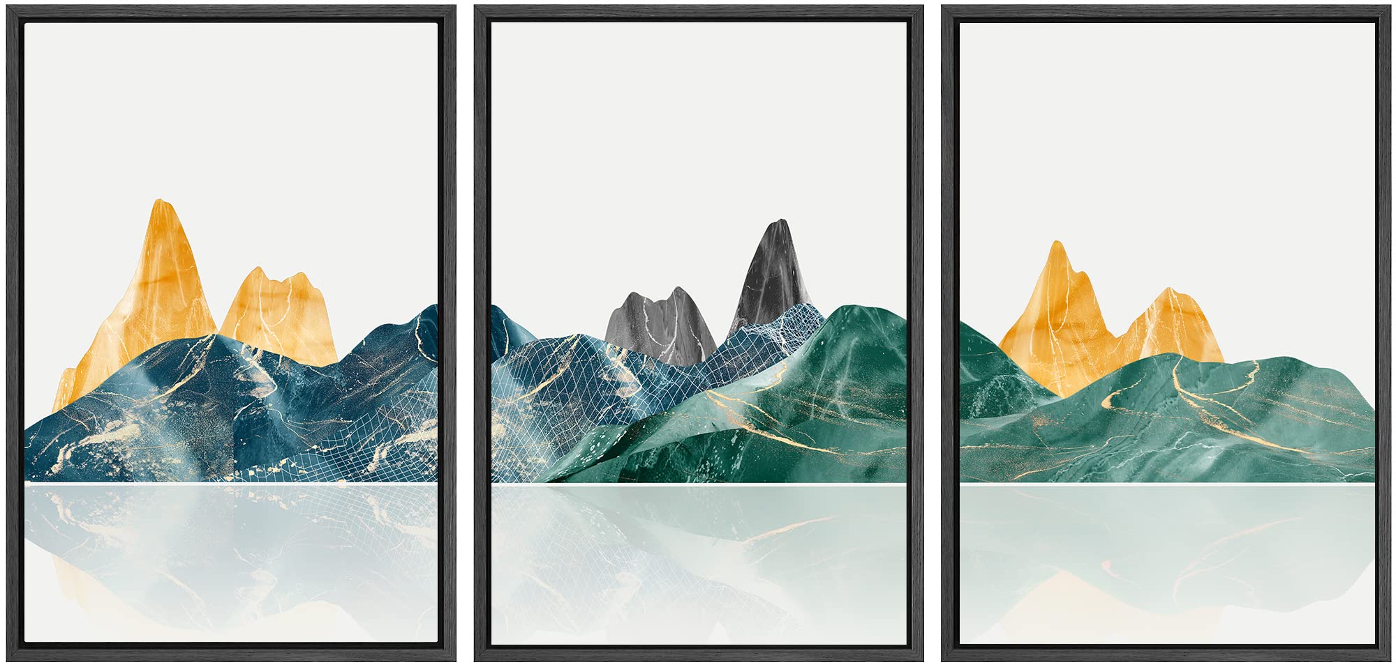 Signwin Framed Canvas Print Wall Art Set Gold Teal Vibrant Mountain Landscape Nature Wilderness Illustrations Modern Art Decorat