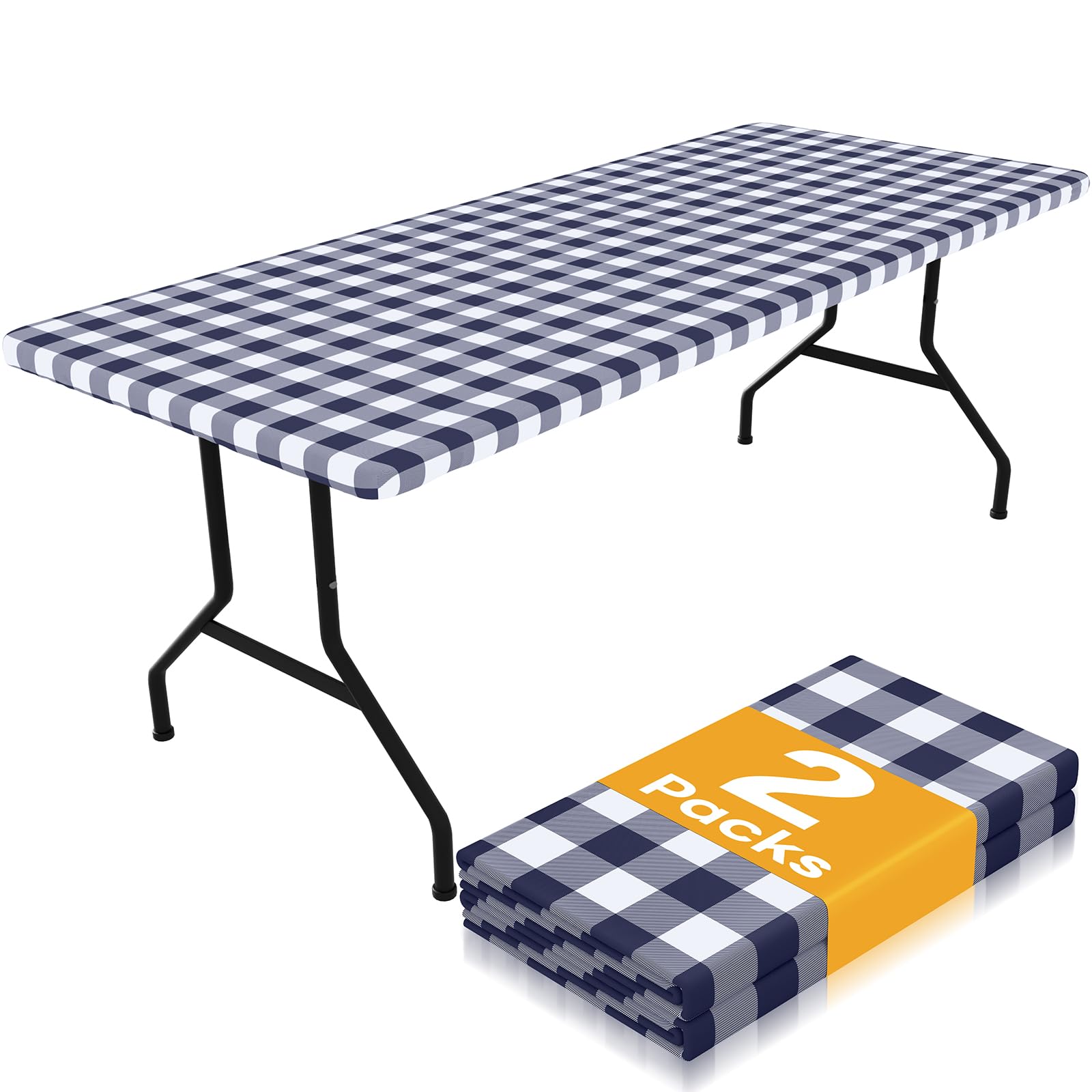 Smiry Picnic Table Cloth 2 Pack, Waterproof Elastic Fitted Tablecloths for 6FT Rectangle Tables, Washable Polyester Buffalo Plai