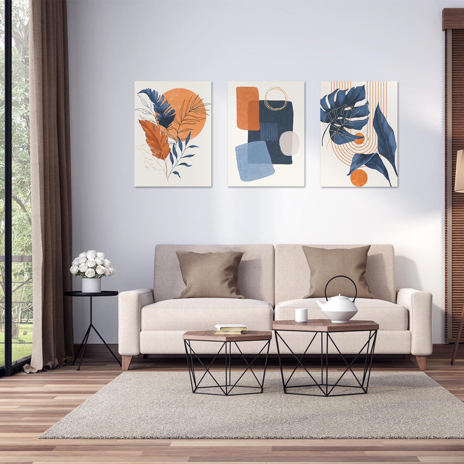 Boho Wall Art Painting Set Of 3, 16''X24'' Mid Century Modern Wall Decor Framed Canvas Print Minimalist Wall Art Geometric Abstr