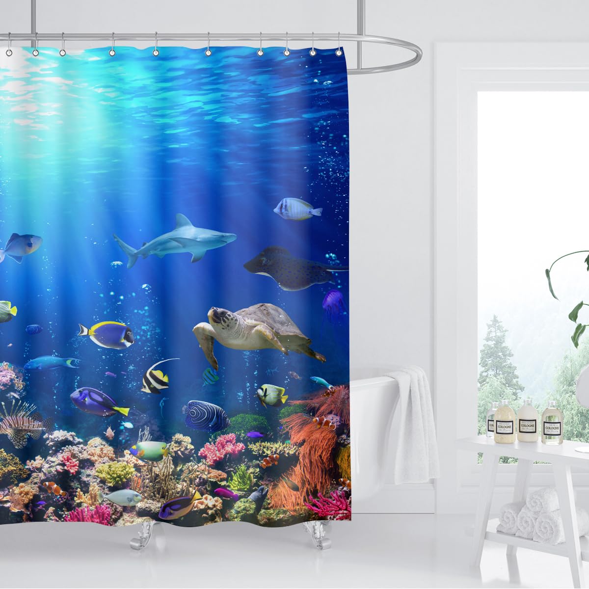 Zxmbf Ocean Underwater World Shower Curtain Colorful Tropical Fishes Turtle Coral In The Deep Sea Home D  Cor Waterproof Fabric