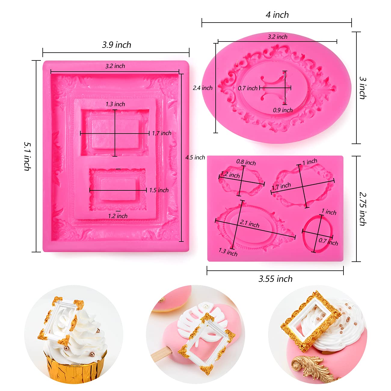 Sakolla Photo Frame Silicone Mold - 3 Pack Picture Fondant Candy Chocolate Molds Cake Decorating, Sugar, Gum Paste, Chocolate, C