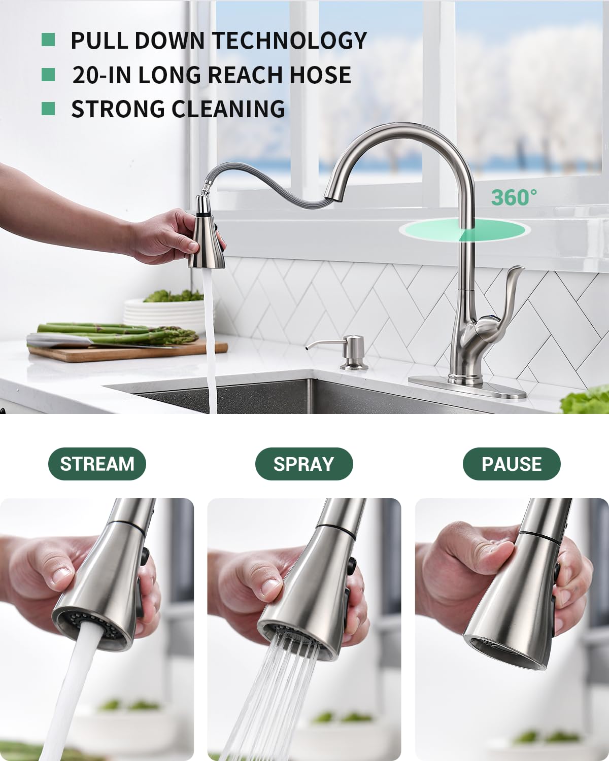 APPASO Kitchen Faucet with Pull Down Sprayer & Soap Dispenser - Brushed Nickel, Stainless Steel, Model AP-K149-BN, High Arc Design