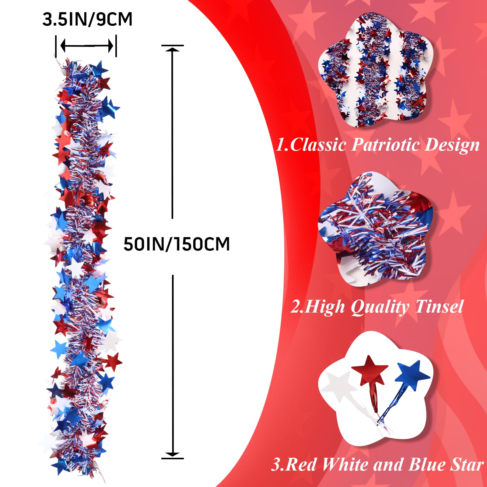 4th of July Garland Decorations,50Ft Glitter Tinsel Patriotic Decor for Tree Car Golf Cart Parade Float Bike Party Table Yard Do