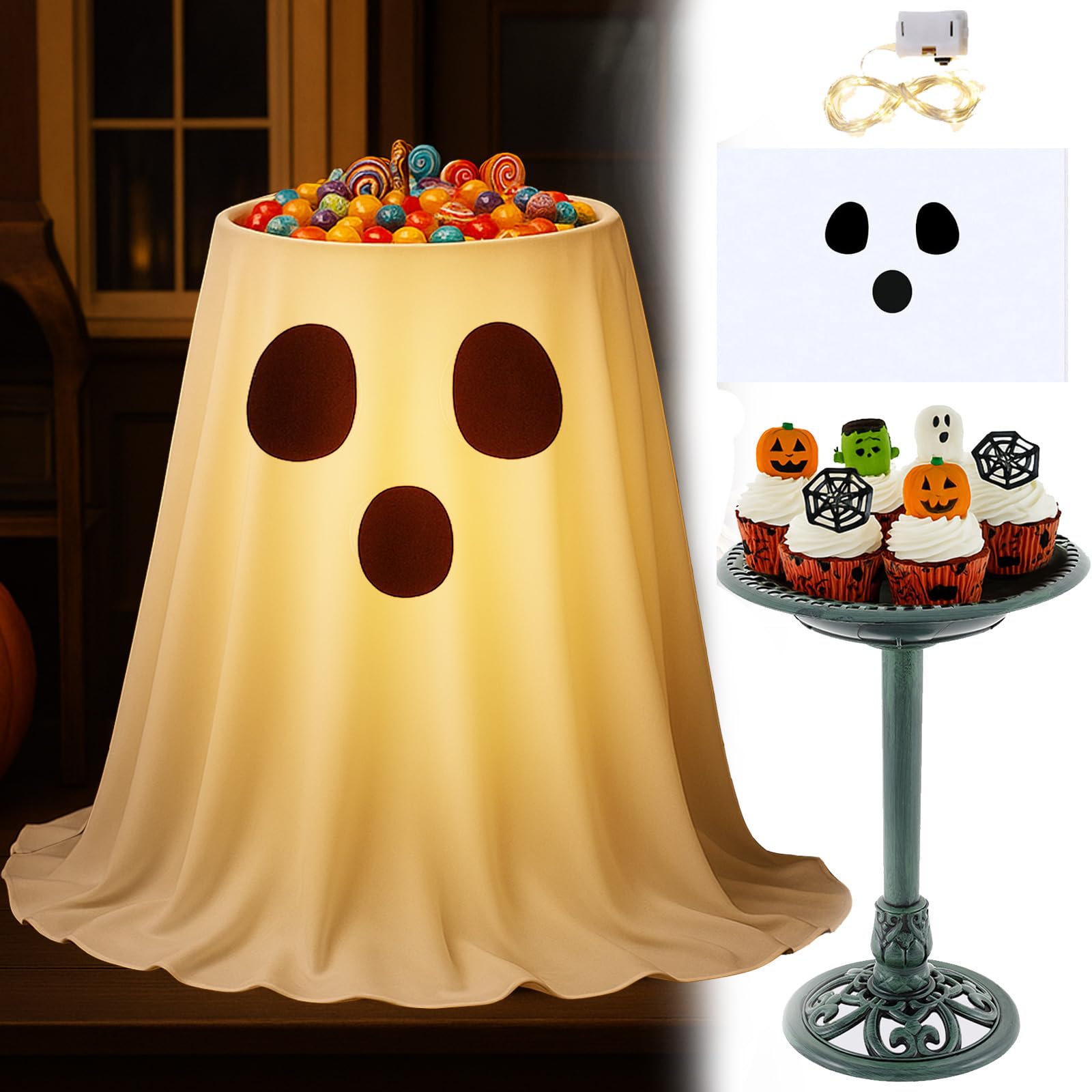 Fanfanwin Halloween Ghost Lighted Decorations Outdoor Indoor, Cute Ghost Candy Bowl Stand Large, Outdoor Pedestal Bird Bath Vint