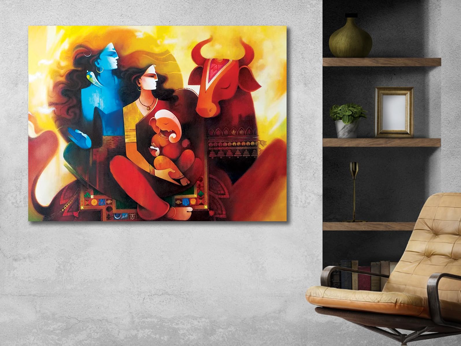Namaste Home - Canvas Painting - Shiva Parvati & Ganesh - Indian God - Canvas Painting For Home And Office|| For Bedroom,Living