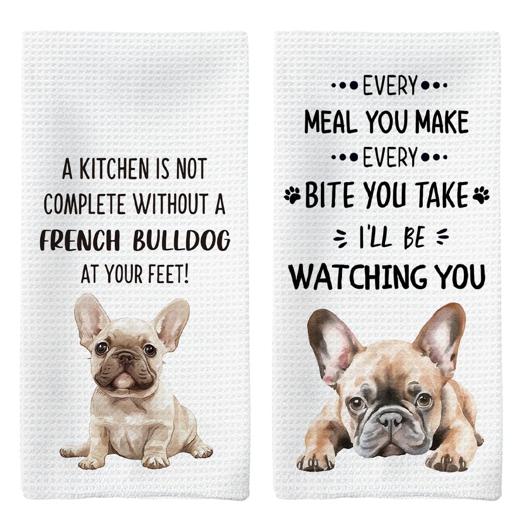 Tzhim French Bulldog Gifts Kitchen Towels Set of 2, Frenchie Mom Gift, French Bulldog Gifts for Women Dish Tea Towels for Kitche