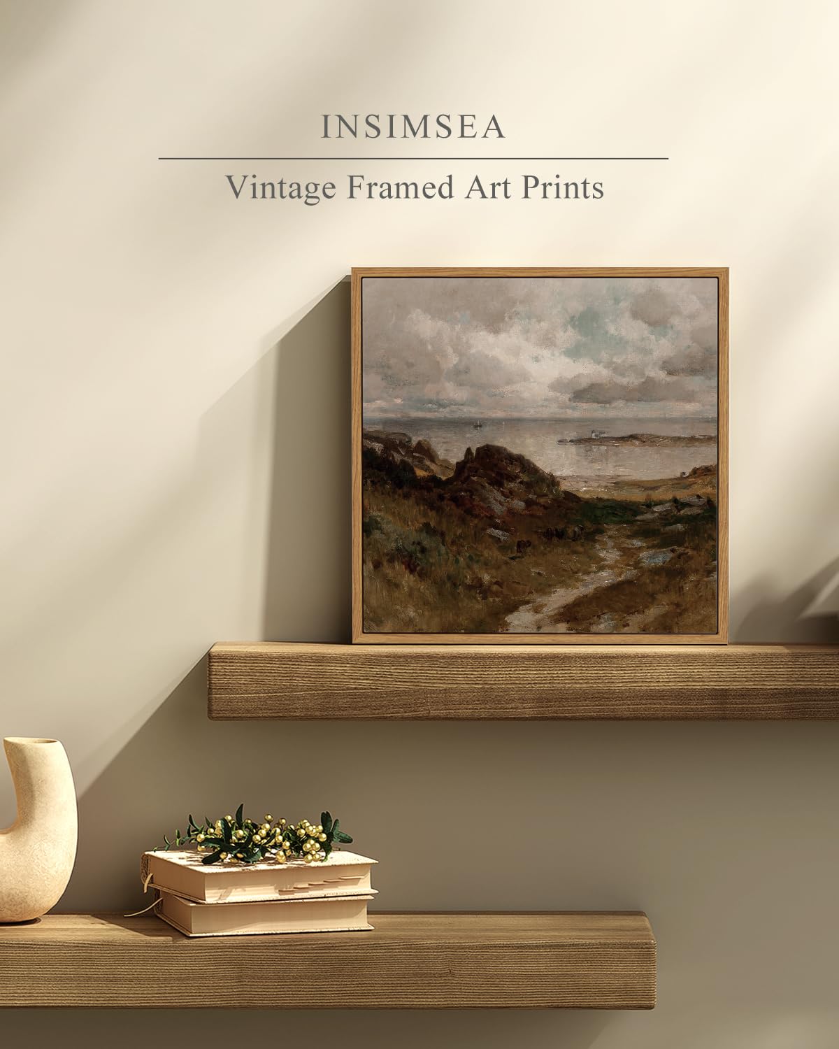 Insimsea Square Framed Canvas Wall Art, Landscape Decor Retro Seaside Path Wilderness Oil Paintings For Wall Art Prints Home Dec
