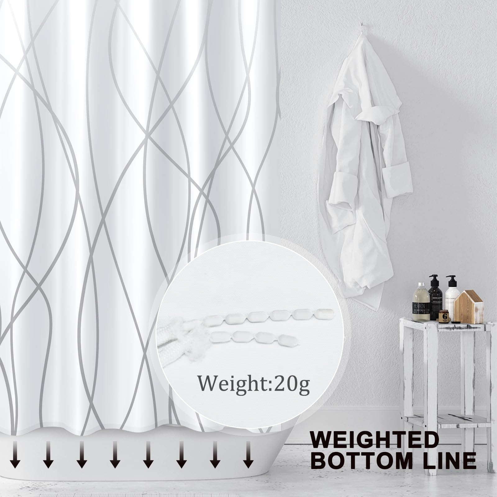 Punkray Ombre Grey Shower Curtain for Bathroom with Hooks Shower Curtain Set Stripe Bath Curtains Decorative White Shower Curtains Water Repellent Washable  72x72