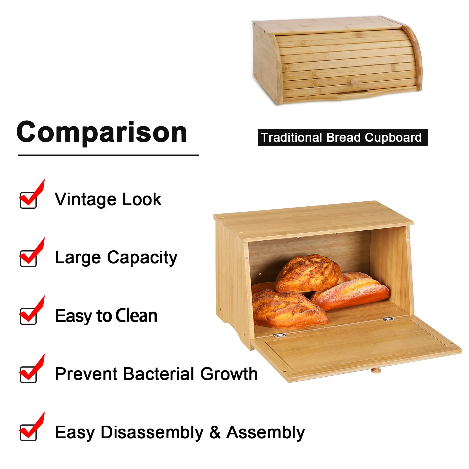 HOMEKOKO Vintage Large Wood Bread Box for Kitchen Counter, Retro Design Single Layer Bamboo Large Capacity Food Storage Bin (Nat