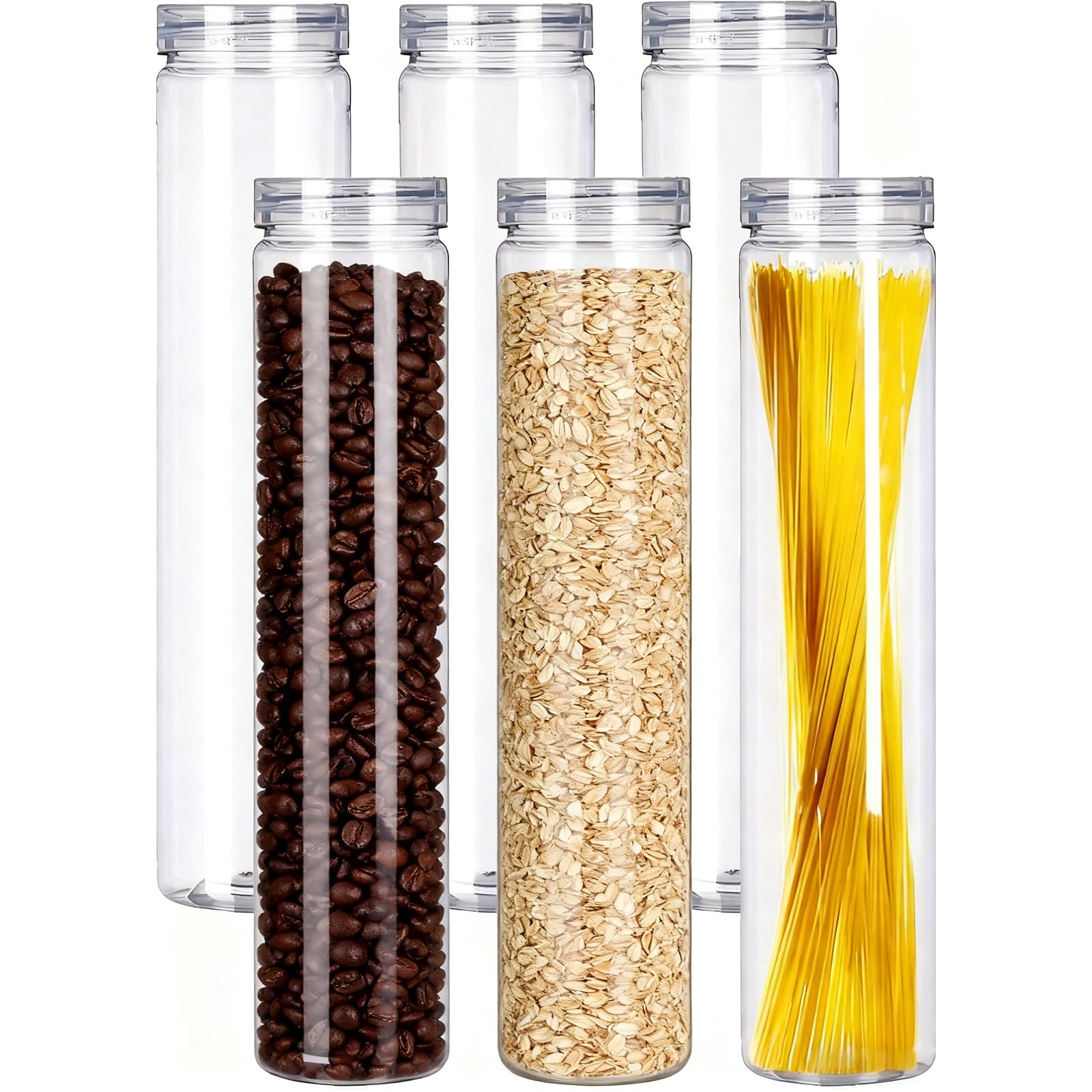 Set of 6Pcs Clear Plastic Food Storage Jar with Lid, Round Transparent Skinny Storage Container for Spaghetti, Pasta and Dry goo