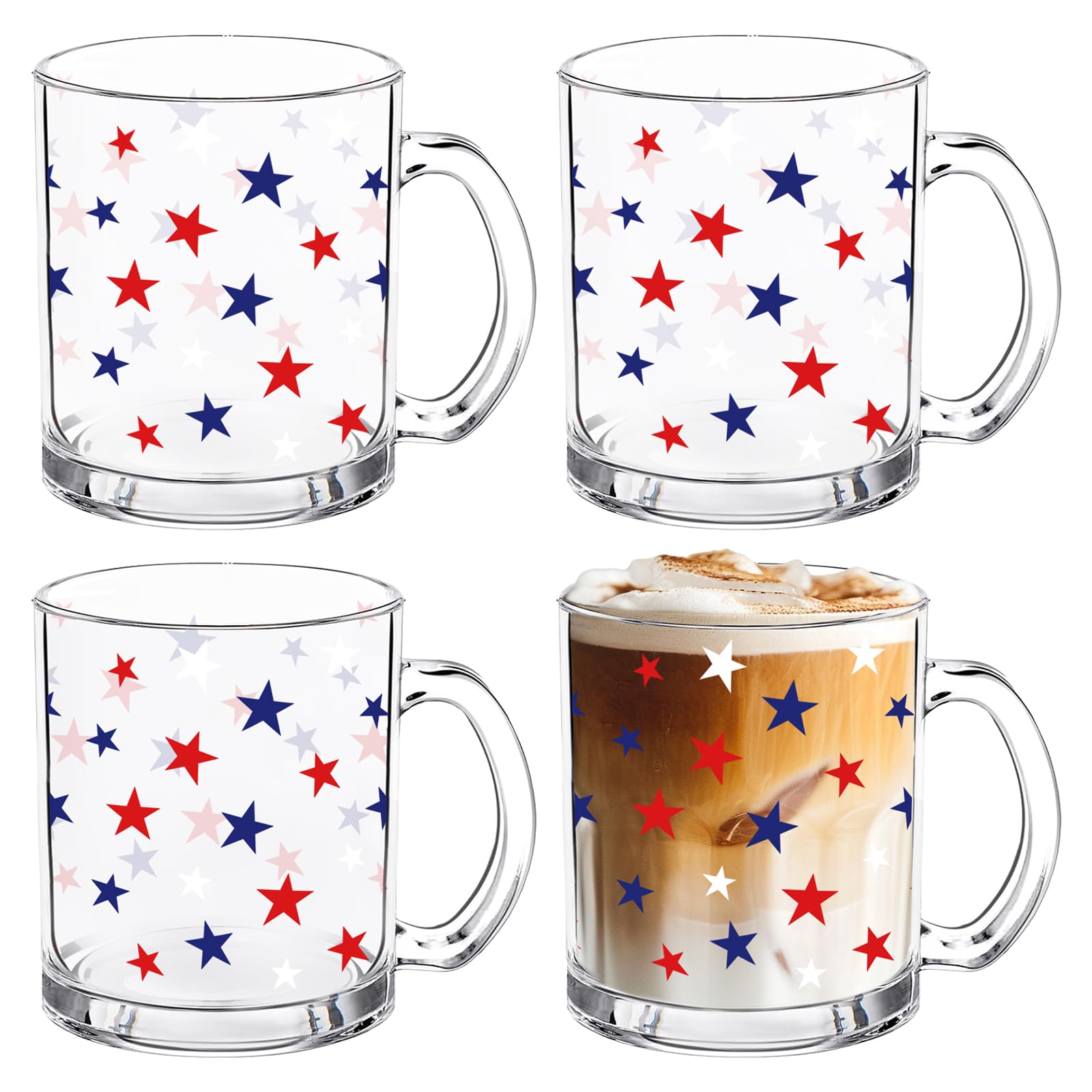Whaline 4Pcs July 4th Patriotic Glass Coffee Mugs with Handle Coffee Cups Red Blue White Star Beverage Mugs for Hot Cold Drinks 