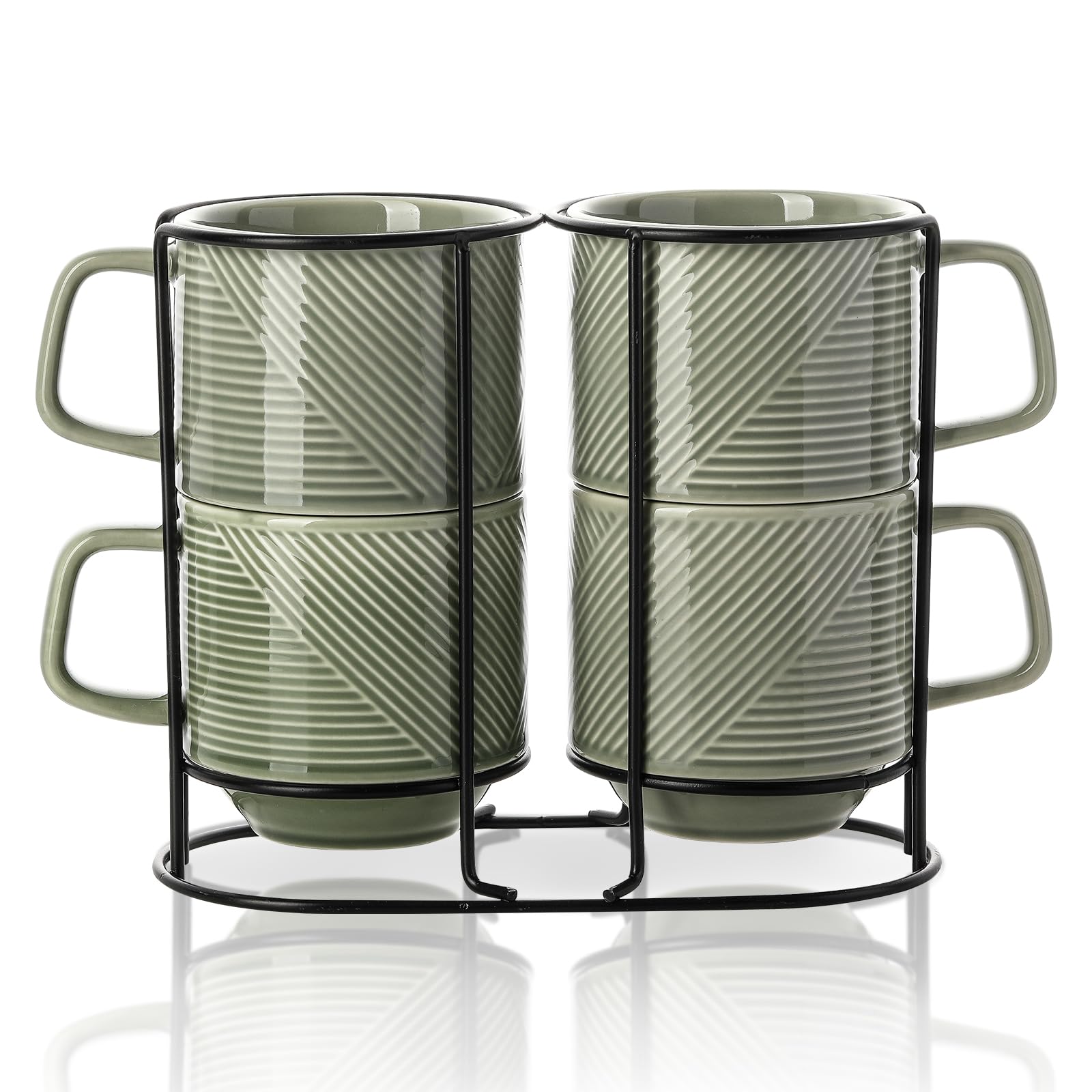 Adewnest Stackable Coffee Mugs with Rack, 13 oz, Pea Green