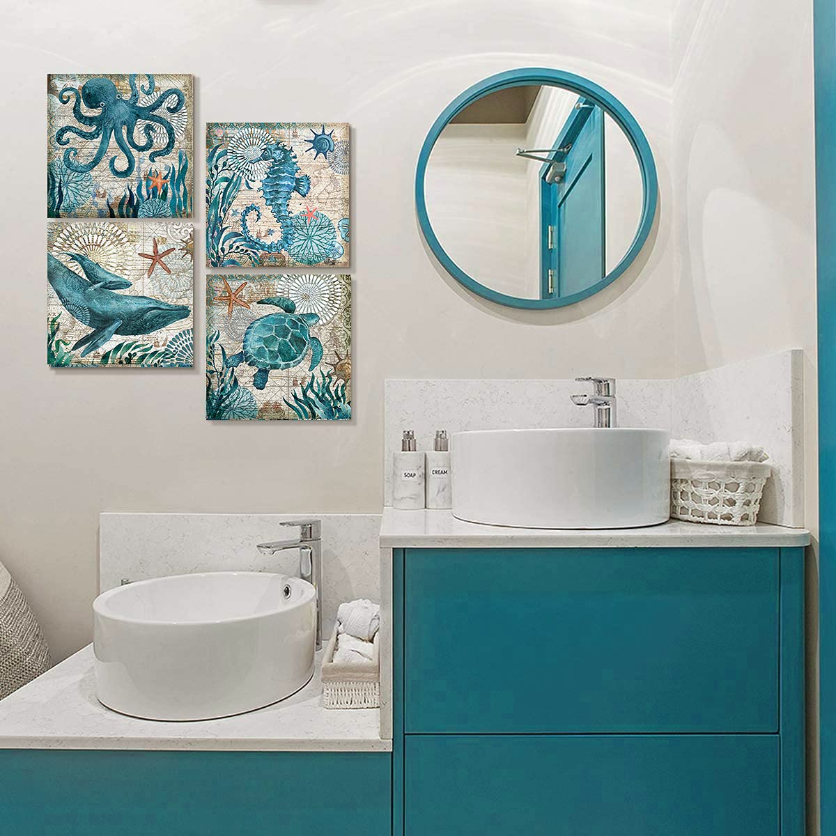Nautical Wall Decor Beach Themed Seahorse Wall Art Coastal Bathroom Decor Teal Sea Turtle Pictures Canvas Paintings For Living R