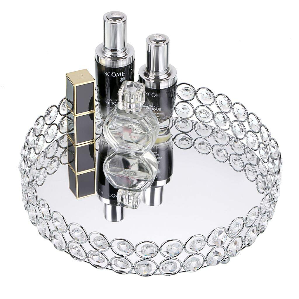 Hipiwe Crystal Make Up Tray, Mirror Perfume Tray Bathroom Storage Tray Jewelry Trinket Tray Vanity Cosmetic Organizer Tray Home