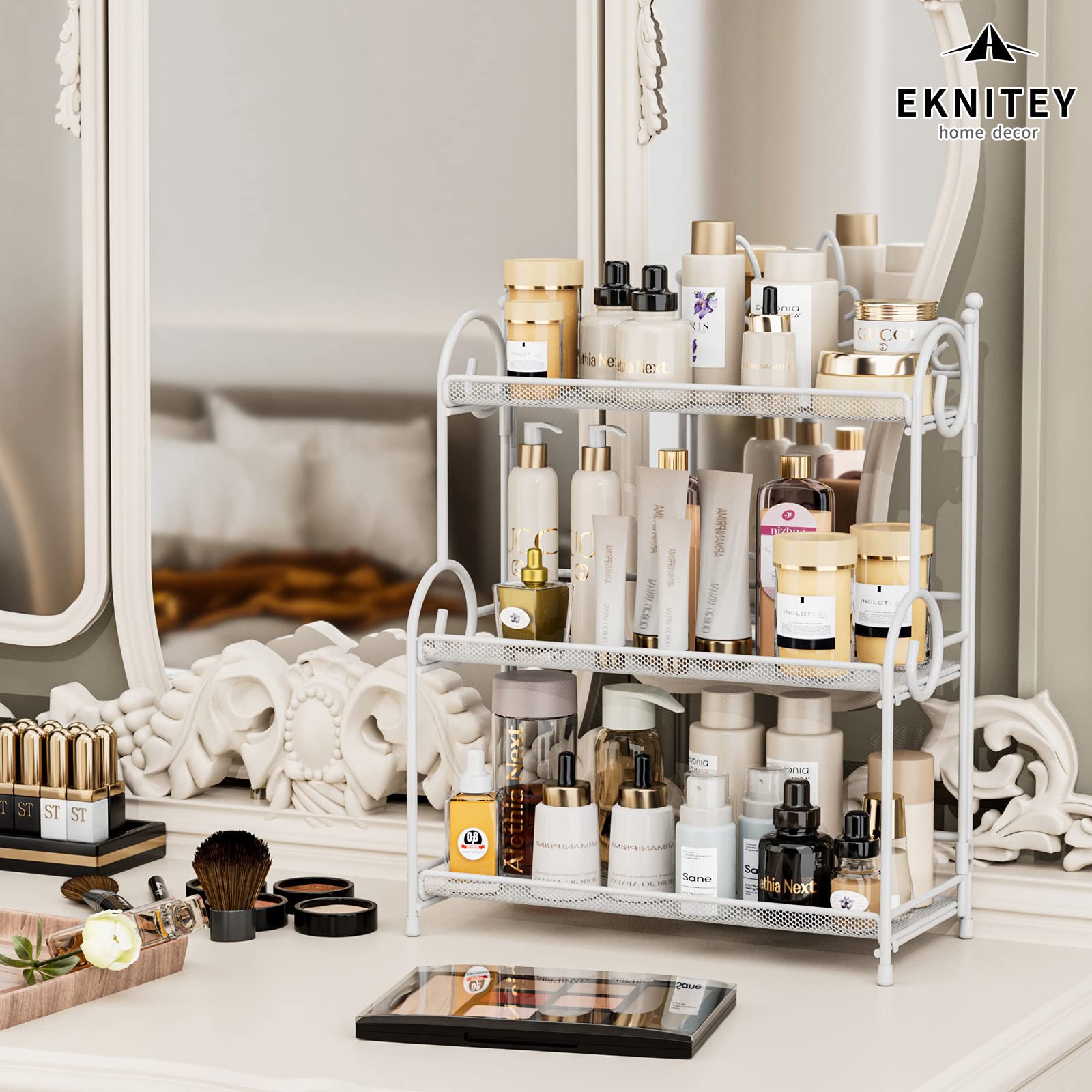 EKNITEY 3 Tier Countertop Organizer - White Metal Bathroom Sink Storage Rack, No Assembly Required